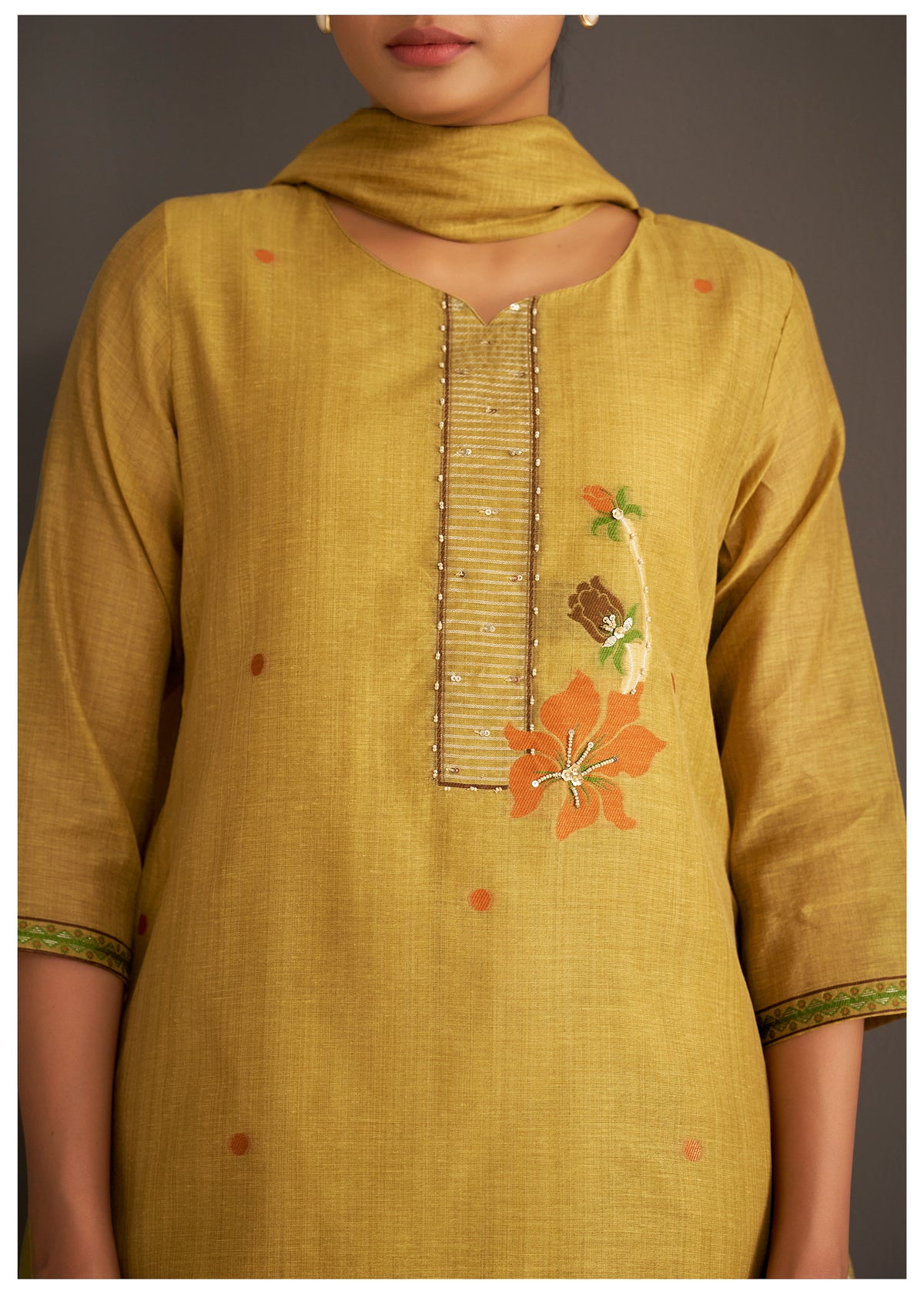 Chanderi Jacquard Kurti Set With Handwork | Cotton Bottom & Chanderi Jacquard Dupatta