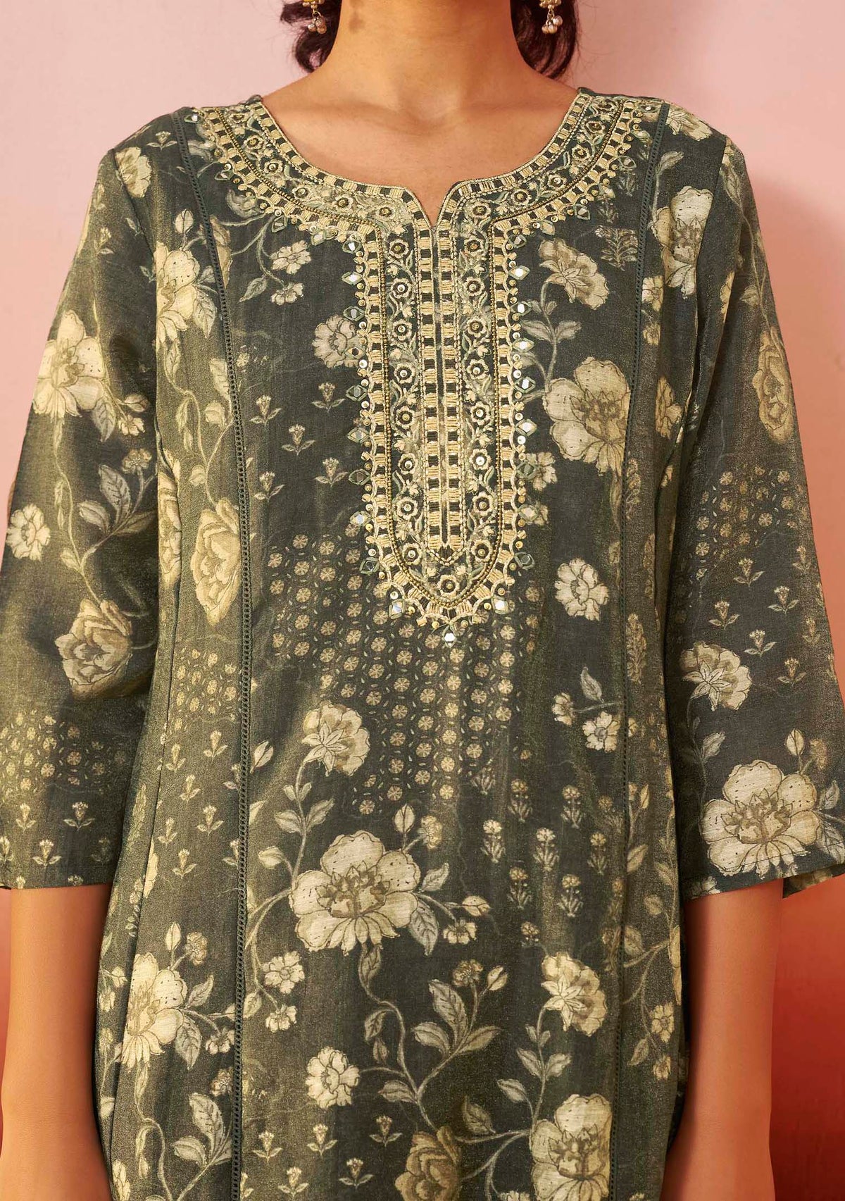 Obsidian Shimmer Linen Embroidered Print Kurta Set