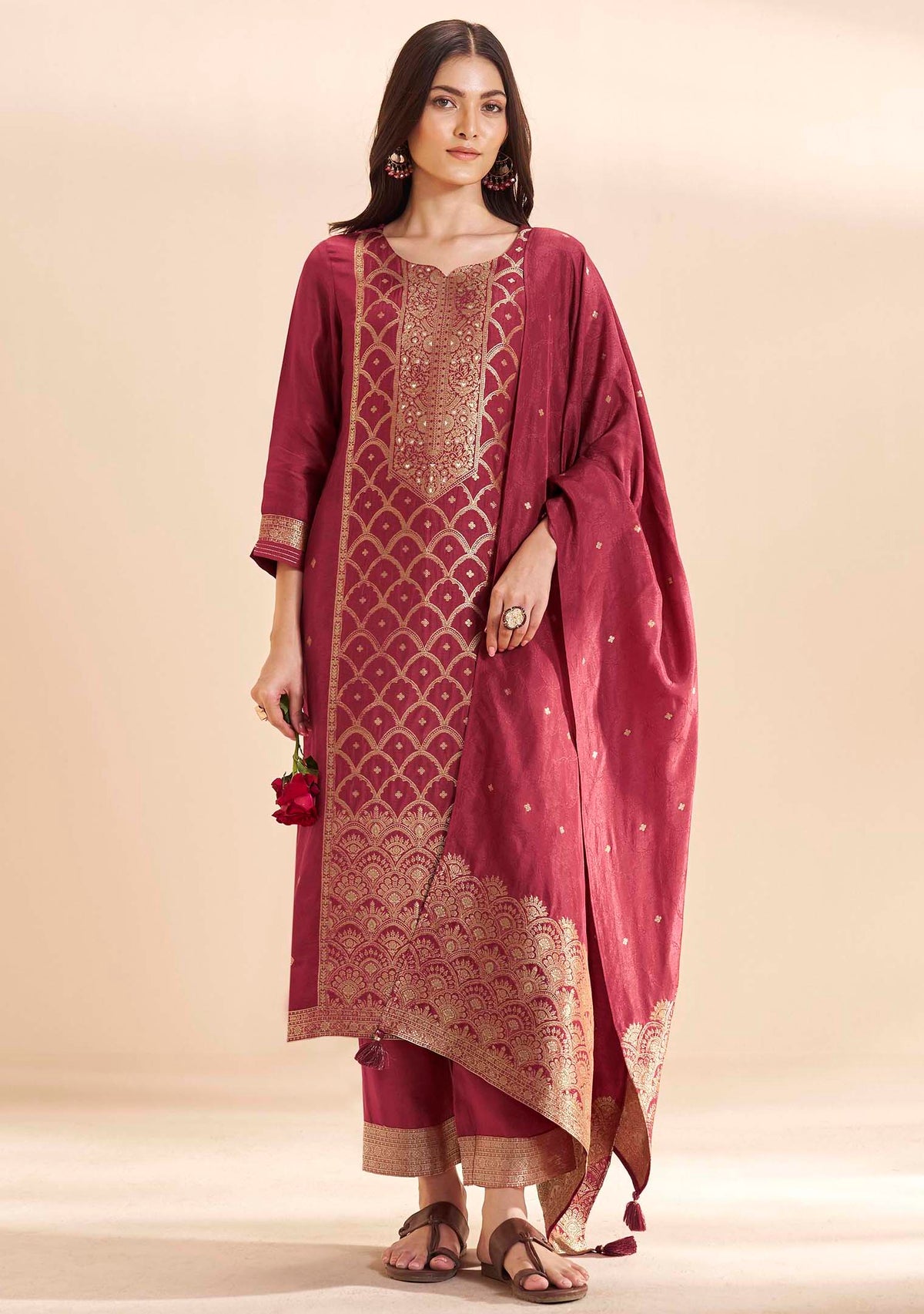 Garnet Dola Silk Jacquard Kurta Set