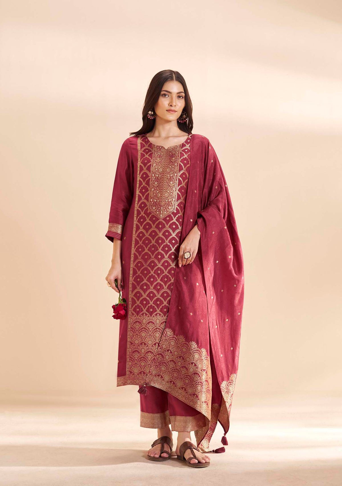Garnet Dola Silk Jacquard Kurta Set