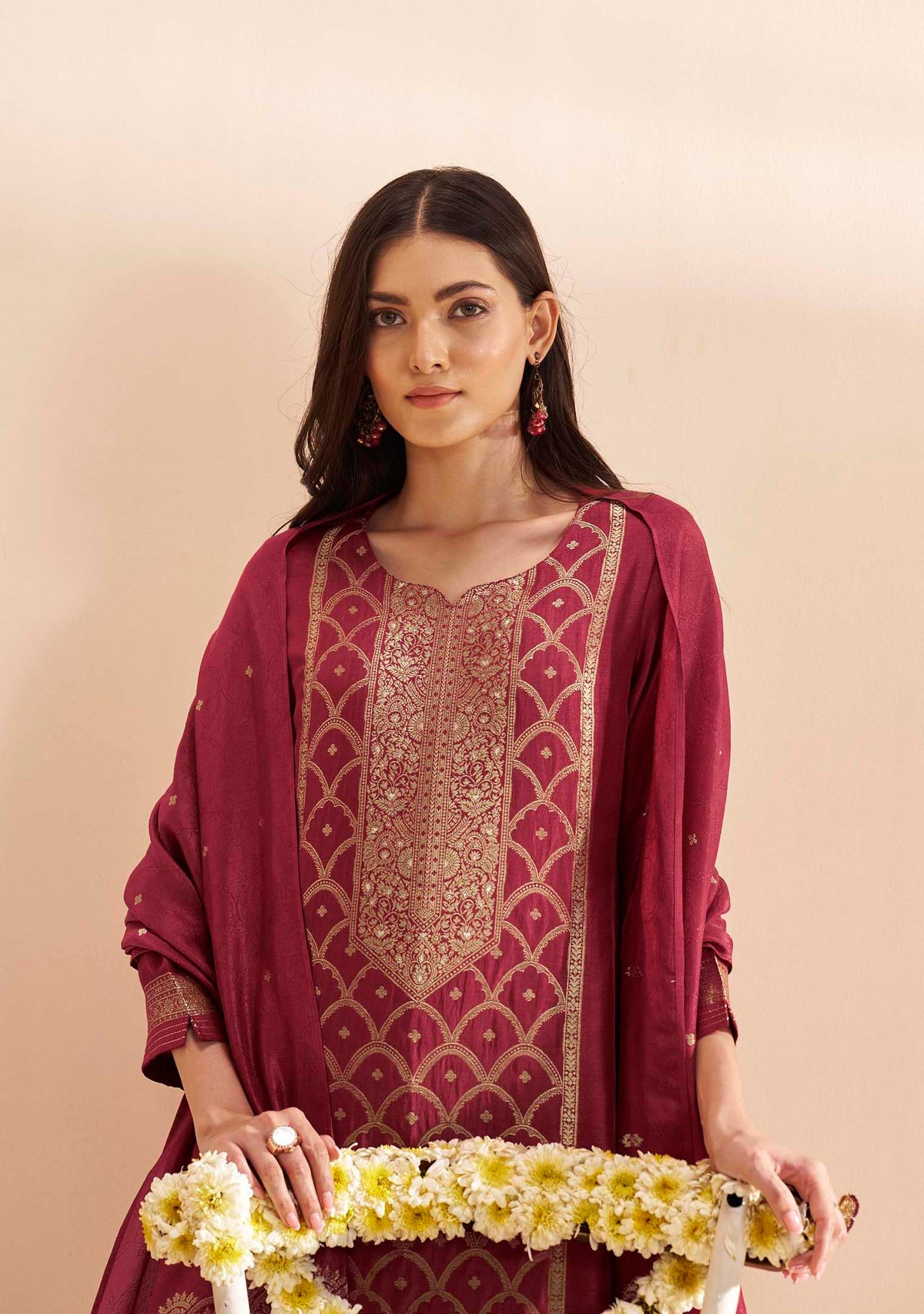 Garnet Dola Silk Jacquard Kurta Set