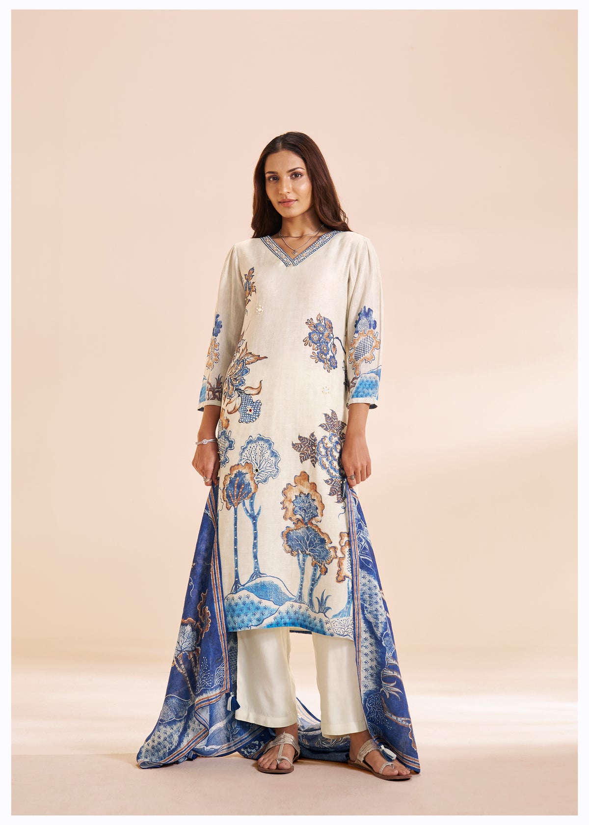 Chanderi Digital Print Kurti Set With Design Details | Viscose Bottom & Mal Dupatta