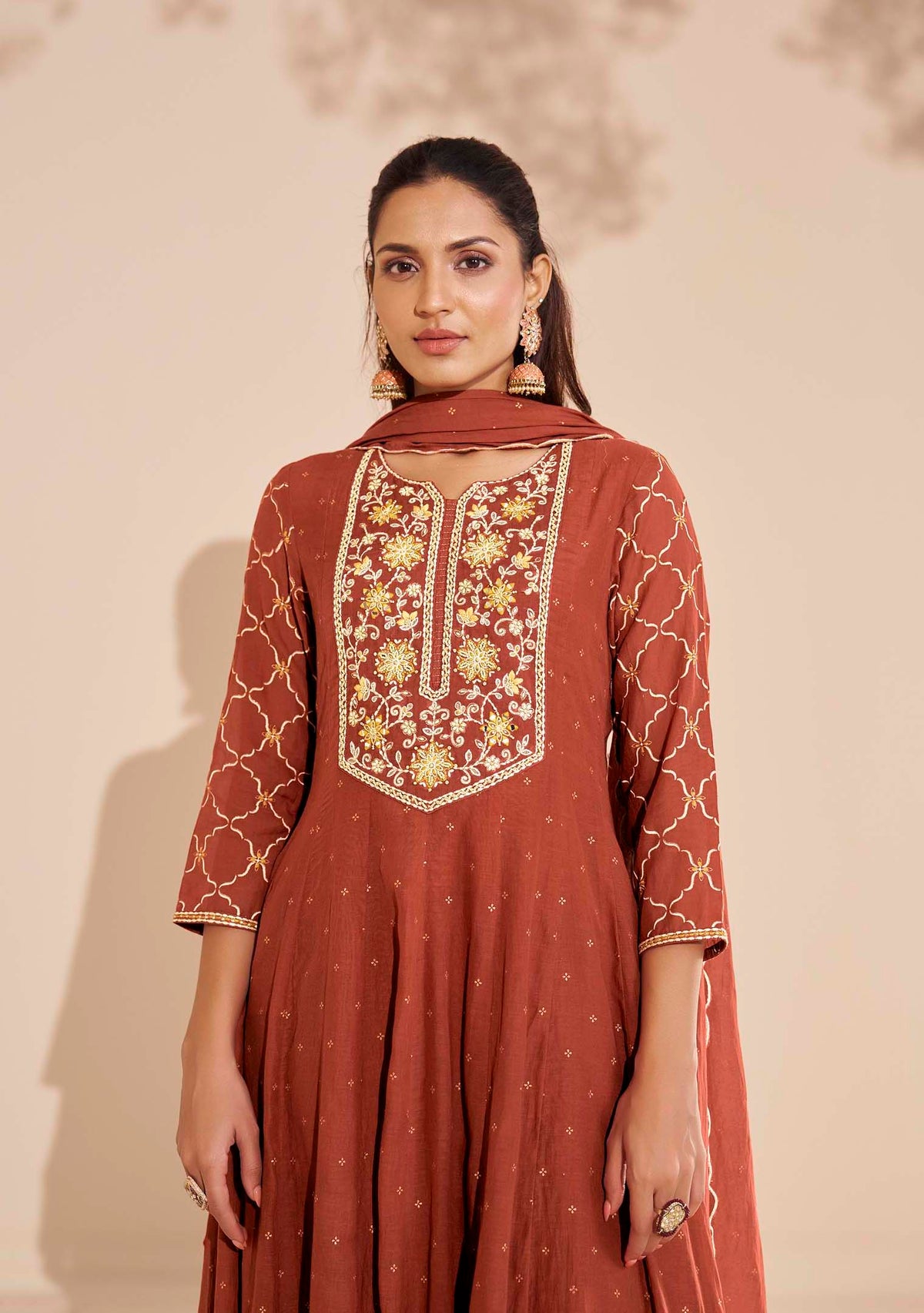 Gerua Pure Chanderi Table-Print Anarkali Set