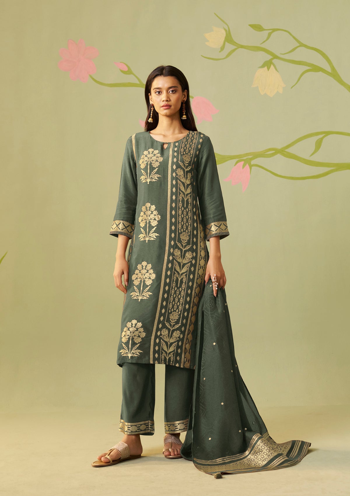 Dola Silk Jacquard Kurti Set | Teal Green 3-Piece with Palazzo & Dupatta