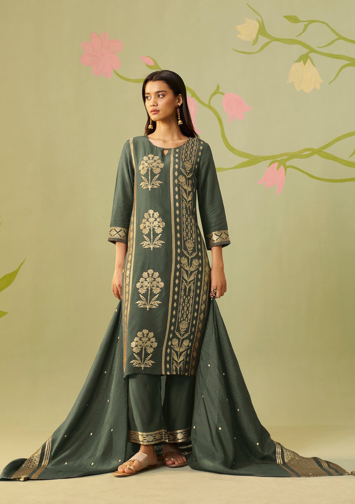 Dola Silk Jacquard Kurti Set | Teal Green 3-Piece with Palazzo & Dupatta