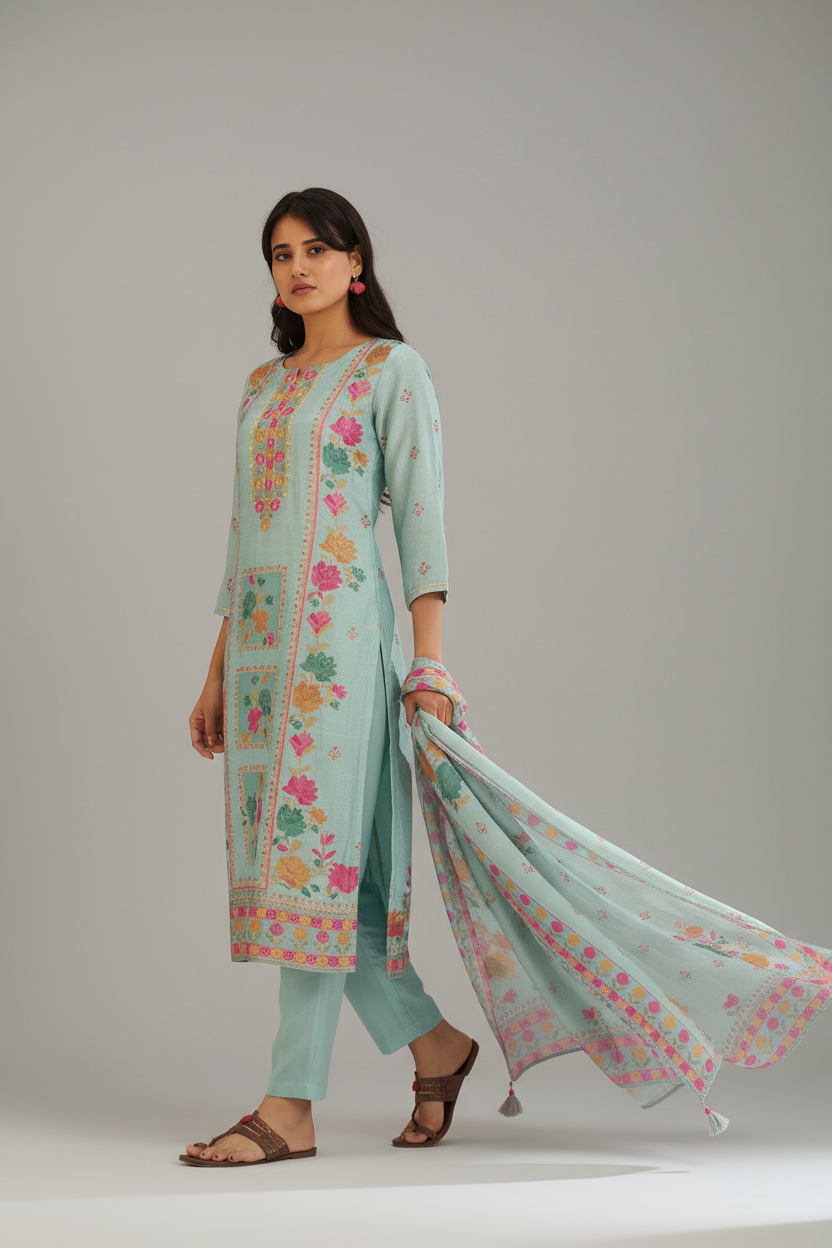 Aqua Teal Printed Kurta Set