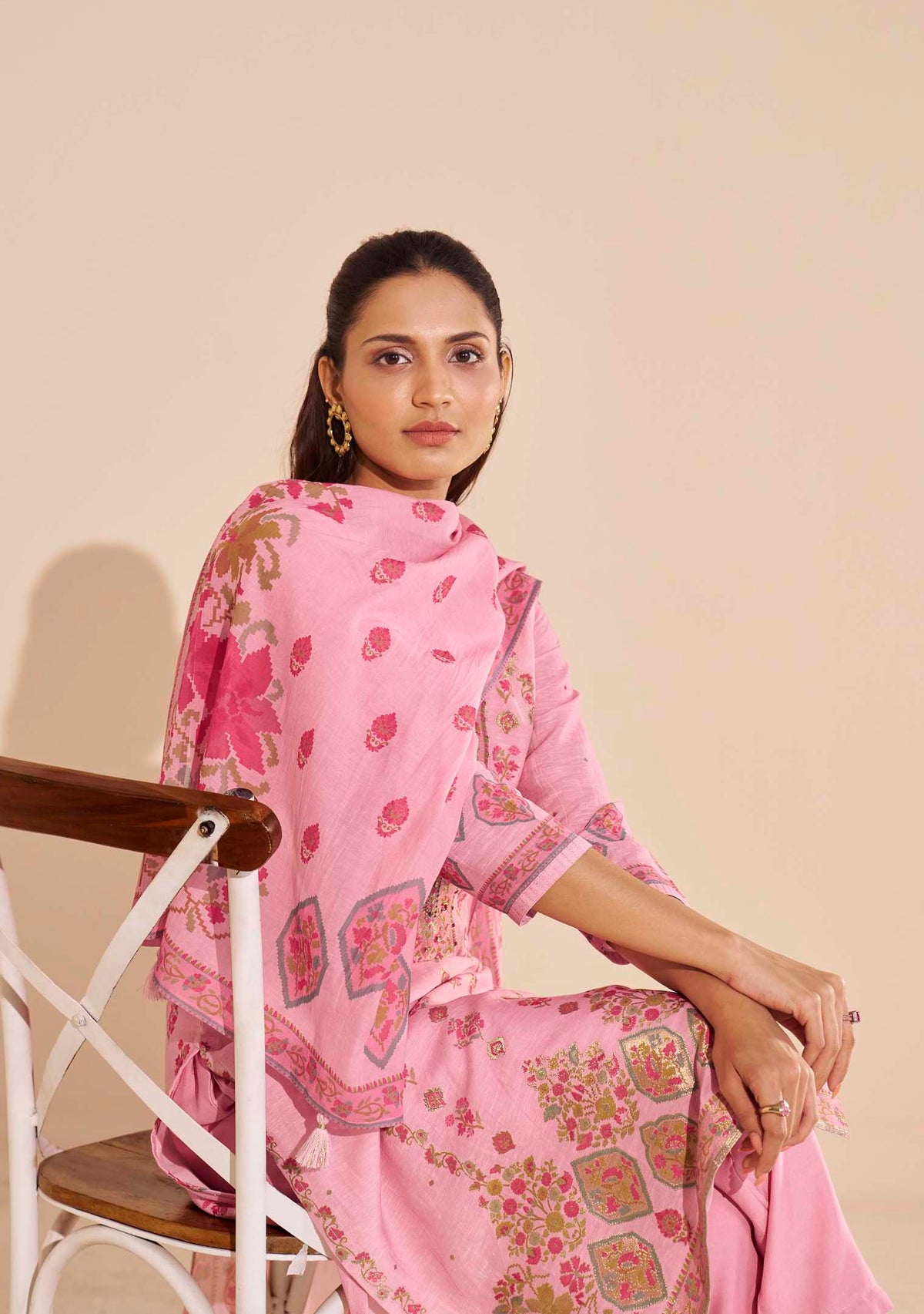 Pankhuri Pink Viscose-Linen Position-Print Kurta Set