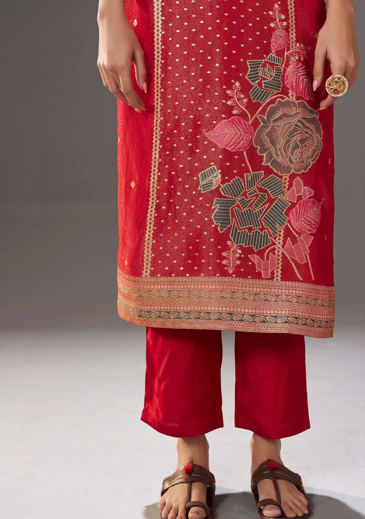 Kumud Red Tissue-Organza Meena-Jacquard Kurta Set