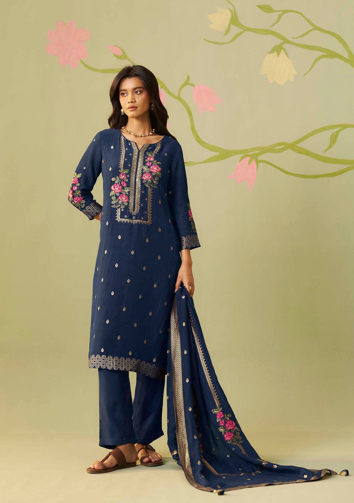 Aasma Blue Dola Silk Meena-Jacquard Kurta Set