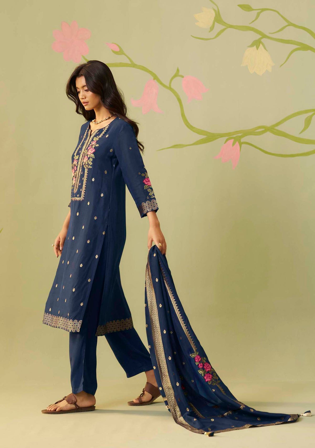 Aasma Blue Dola Silk Meena-Jacquard Kurta Set