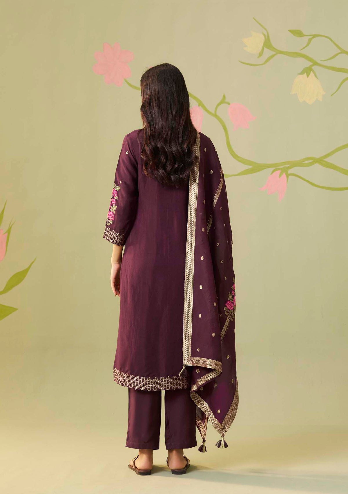 Gulnaar Wine Dola Silk Meena-Jacquard Kurta Set