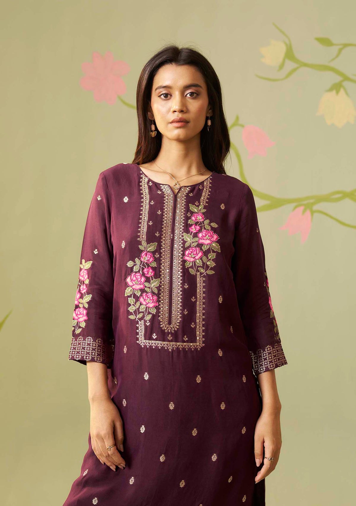 Gulnaar Wine Dola Silk Meena-Jacquard Kurta Set