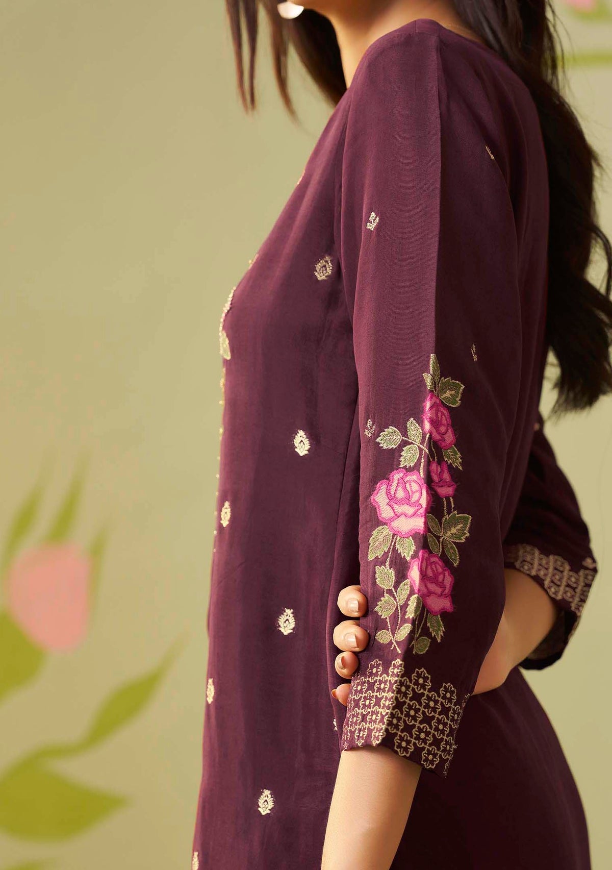 Gulnaar Wine Dola Silk Meena-Jacquard Kurta Set