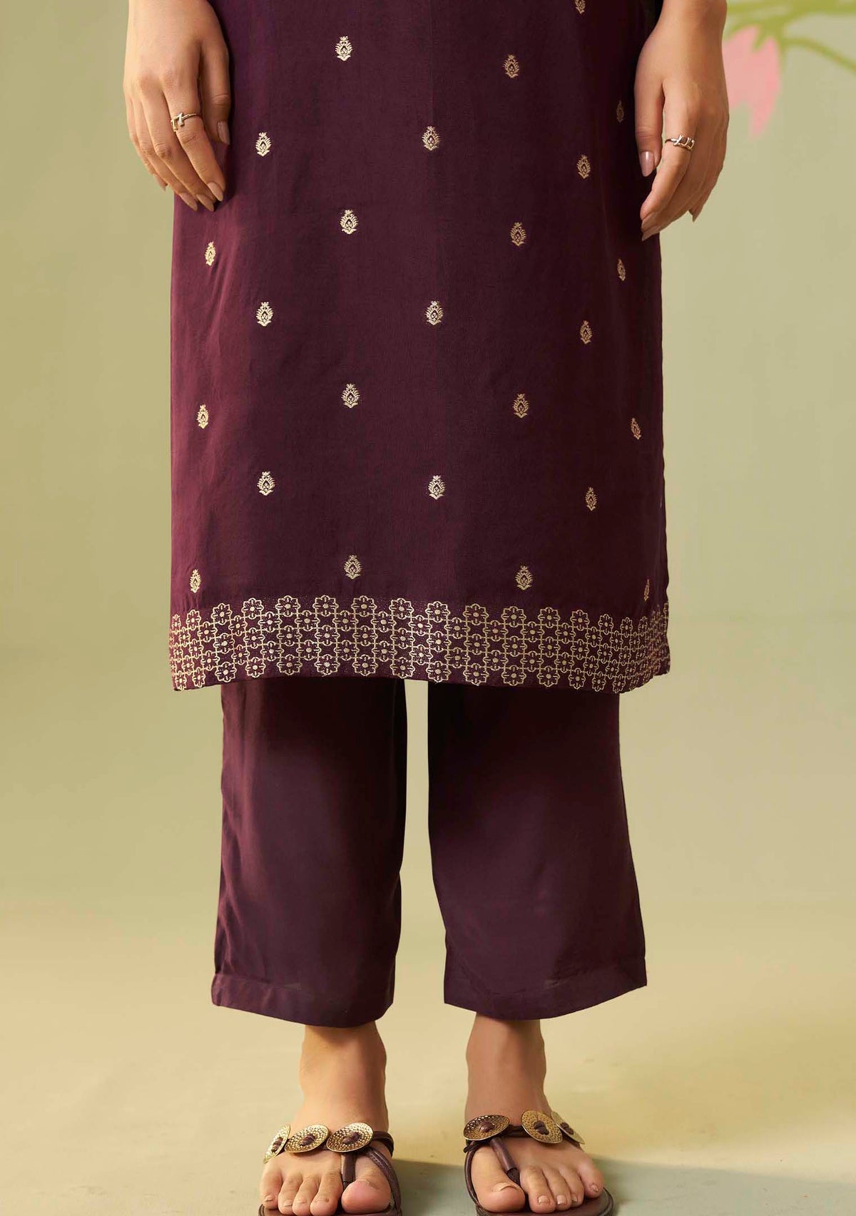 Gulnaar Wine Dola Silk Meena-Jacquard Kurta Set