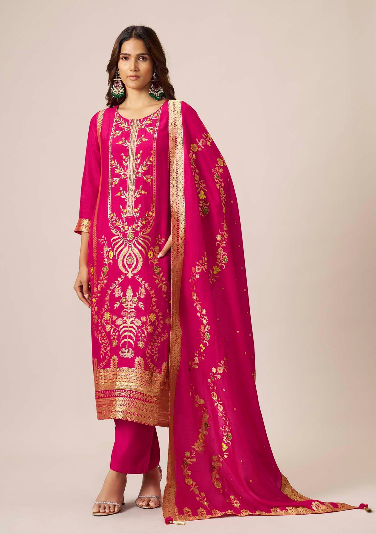 Rani Pink Dola Silk Multi Meena Jacquard Straight Kurta Set | Handwork Yoke