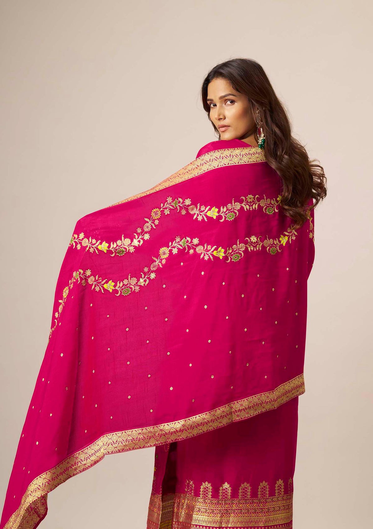 Rani Pink Dola Silk Multi Meena Jacquard Straight Kurta Set | Handwork Yoke