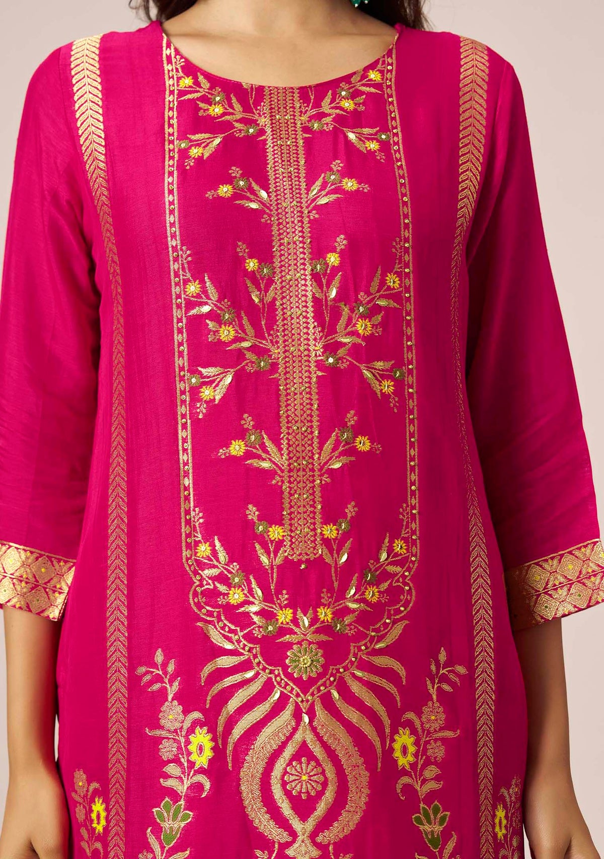 Rani Pink Dola Silk Multi Meena Jacquard Straight Kurta Set | Handwork Yoke
