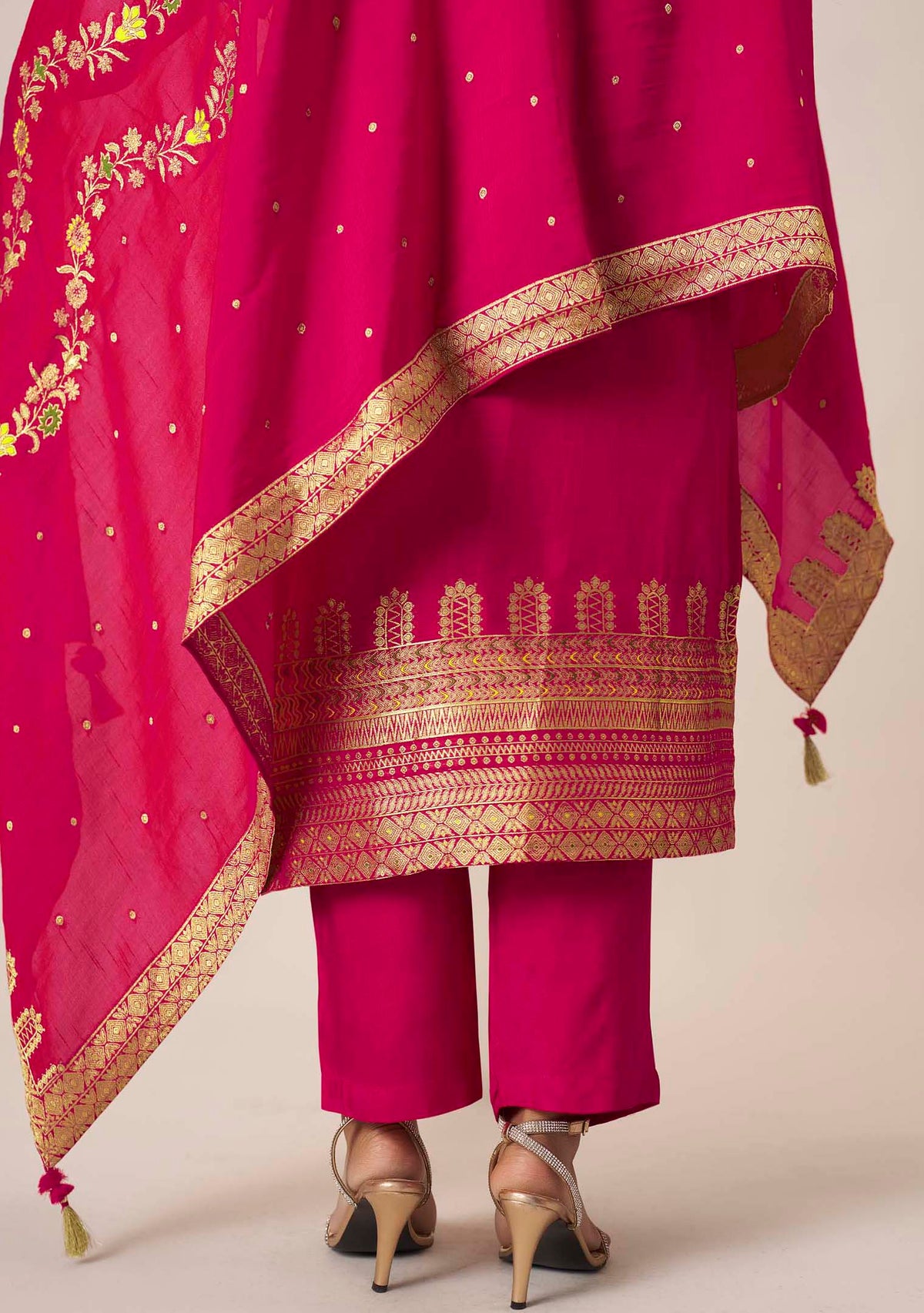 Rani Pink Dola Silk Multi Meena Jacquard Straight Kurta Set | Handwork Yoke