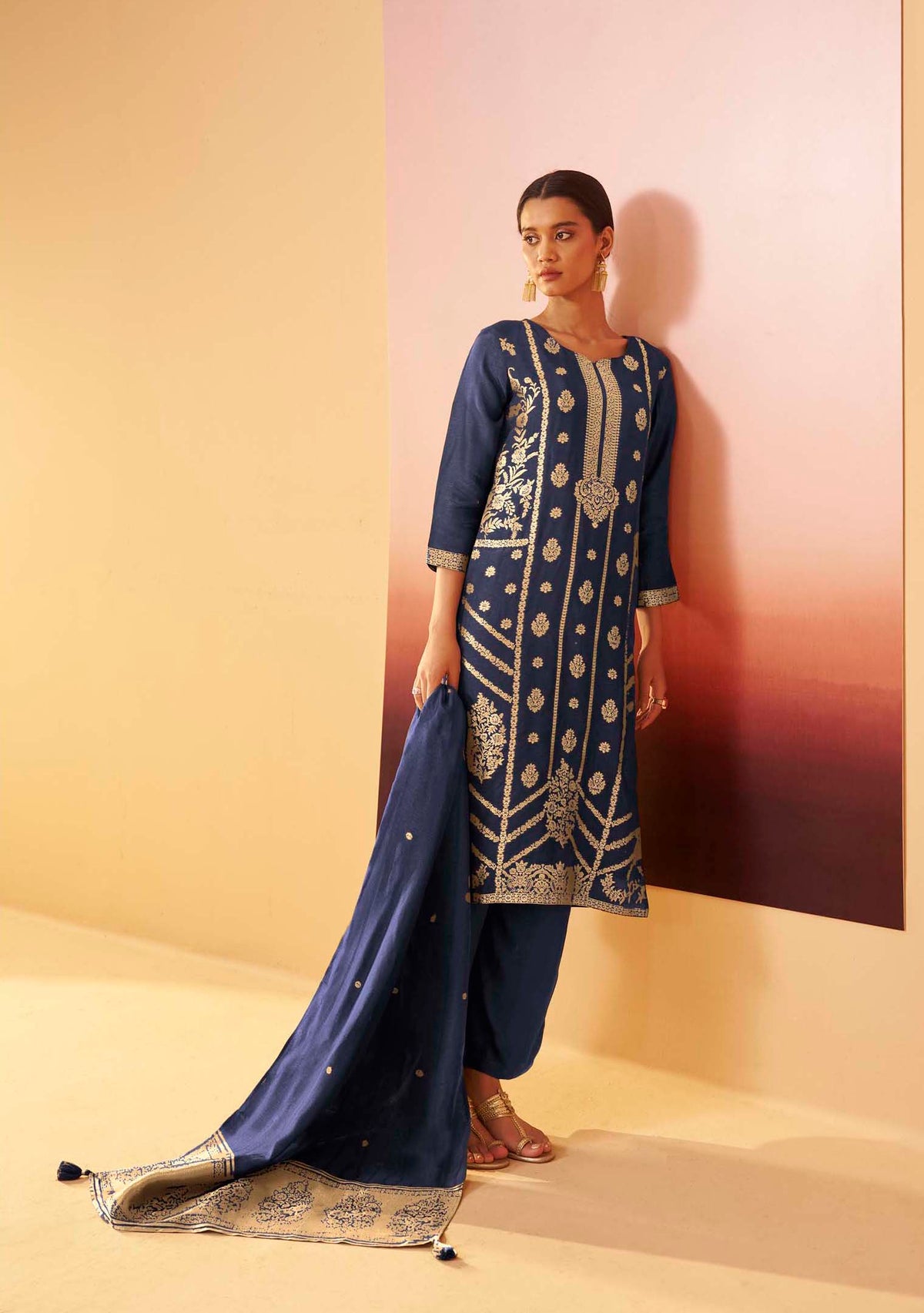 Navy Blue Dola Silk Jacquard Straight Kurta Set | Zari Woven 3-Piece | Festive 2026