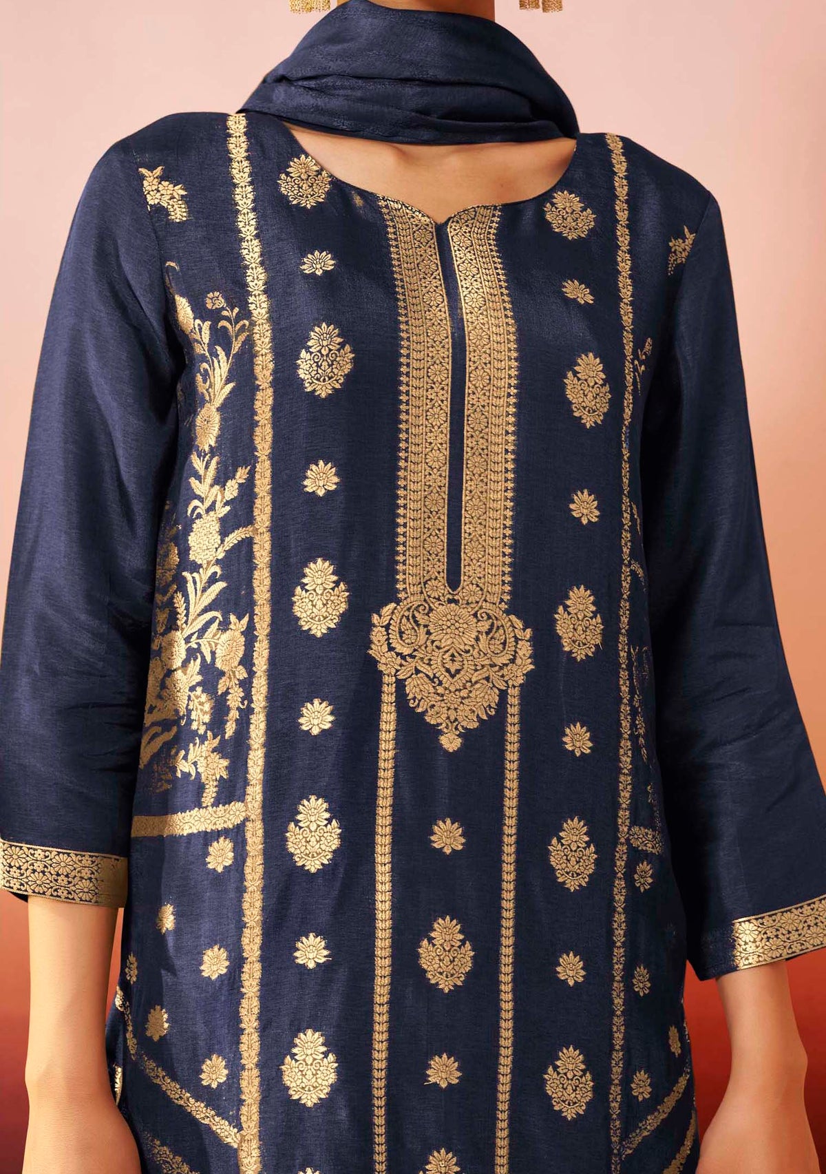 Navy Blue Dola Silk Jacquard Straight Kurta Set | Zari Woven 3-Piece | Festive 2026