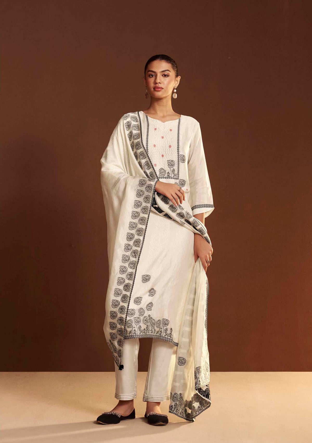 Cream Meenakari Mirrorwork Chanderi Kurta Set