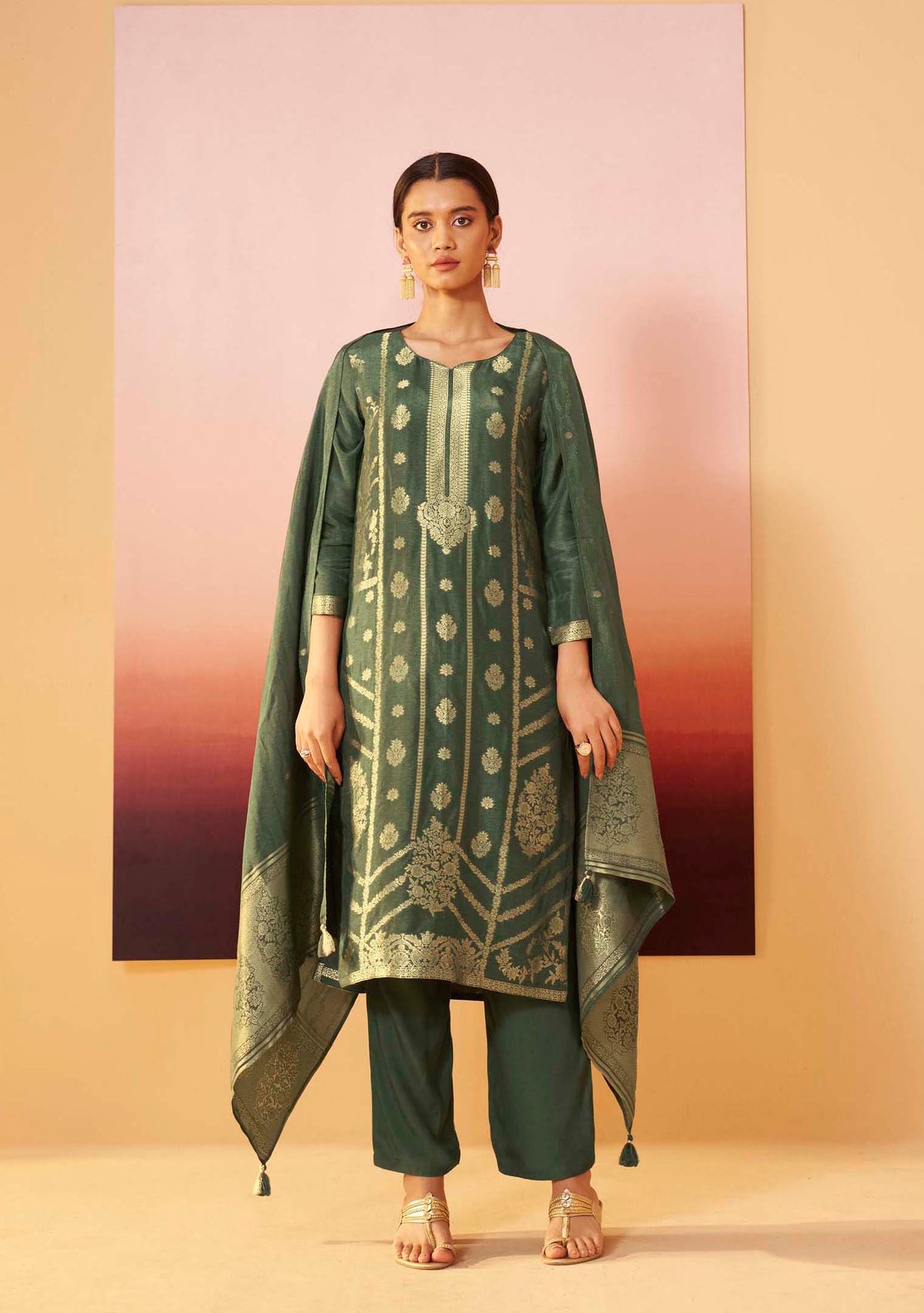 Rangrez Cream Dola Silk Handwork Kurta Set