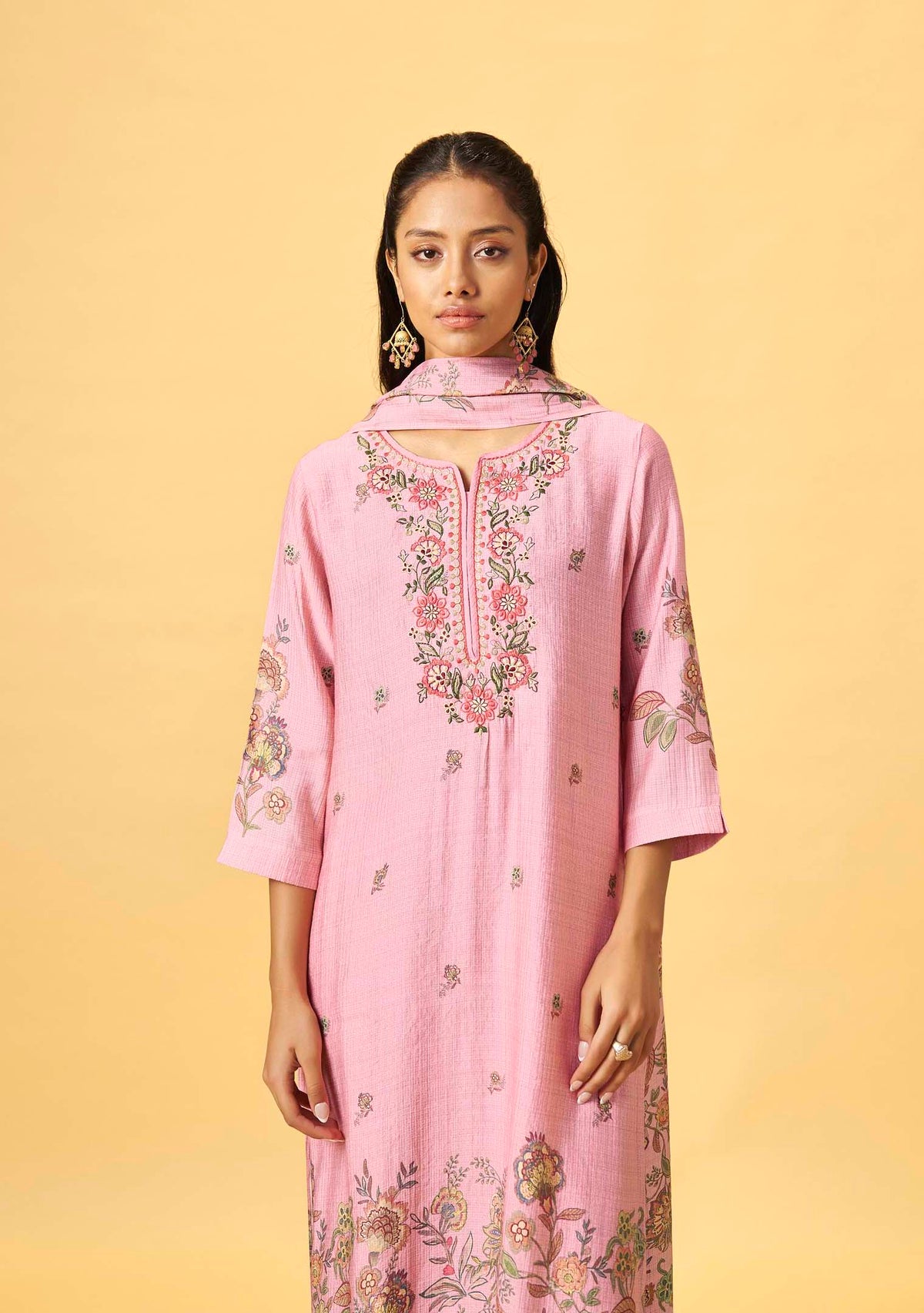 Pink Viscose Floral Digital Print Straight Kurta Set | Thread Embroidery Yoke | 3-Piece | Festive 2026
