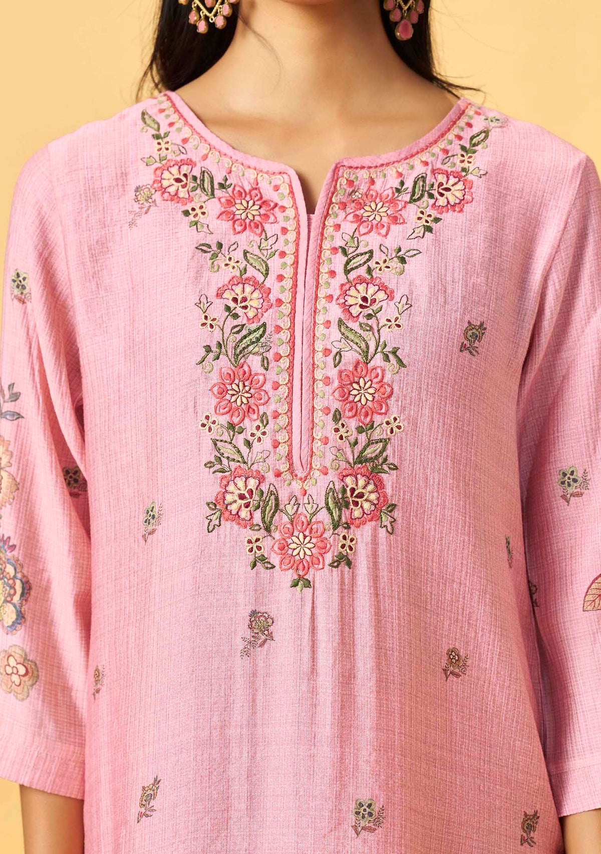 Pink Viscose Floral Digital Print Straight Kurta Set | Thread Embroidery Yoke | 3-Piece | Festive 2026