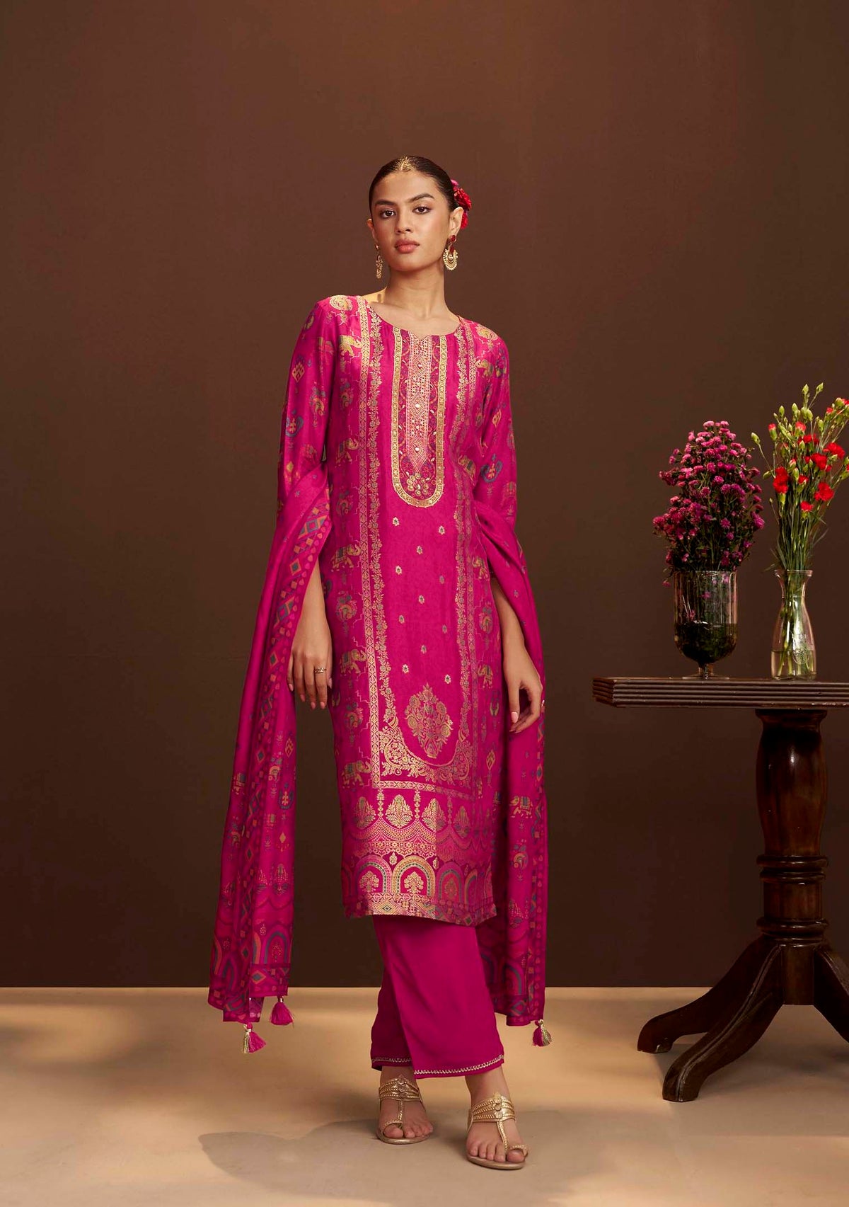 Rani Aarzoo Position-Print Dola Silk Kurta Set