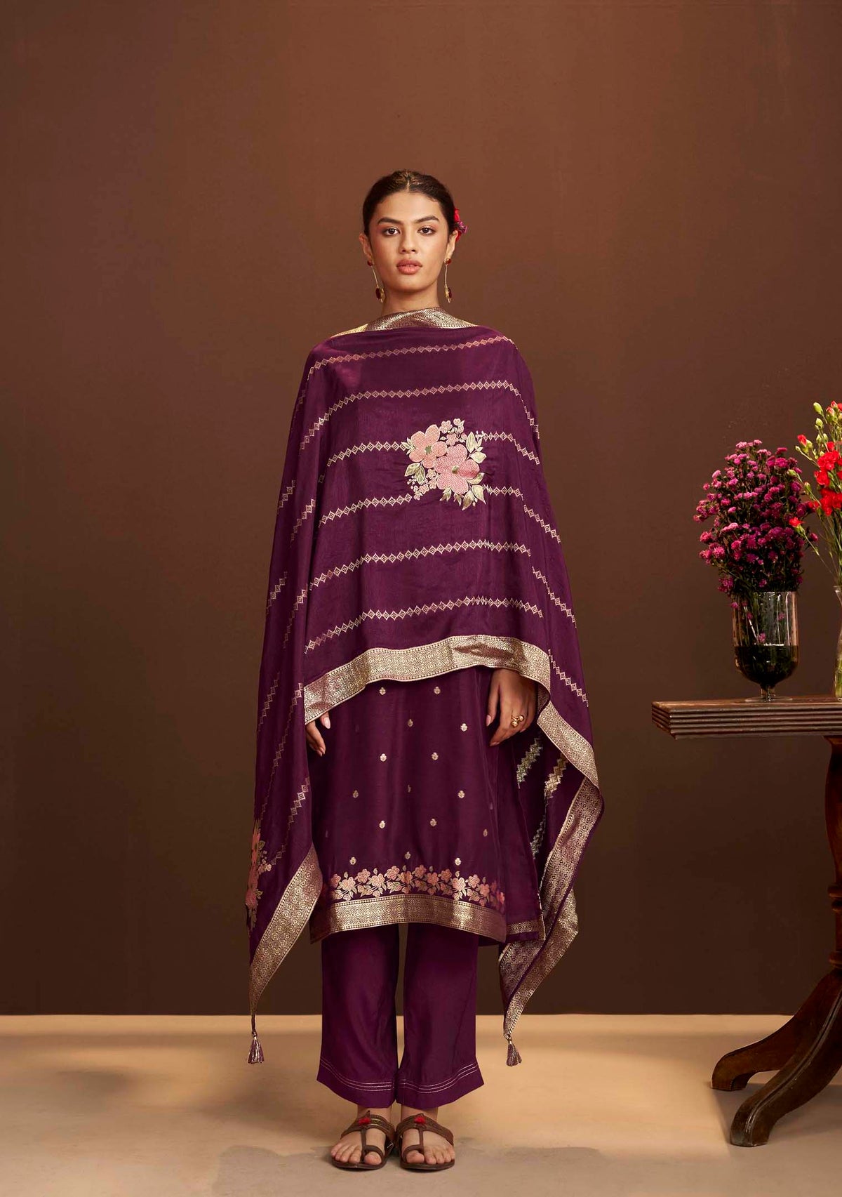 Ruhani Wine French-Knot Jacquard Kurta Set
