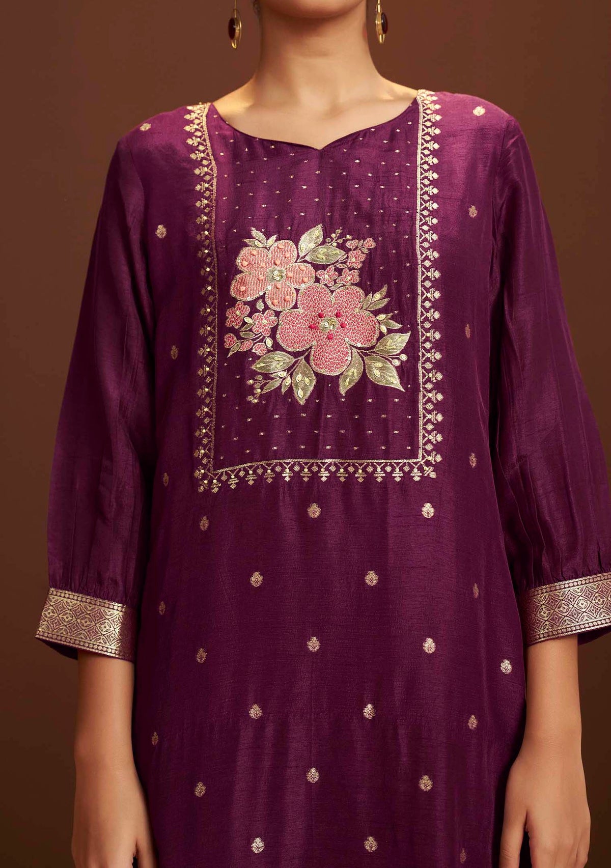 Ruhani Wine French-Knot Jacquard Kurta Set