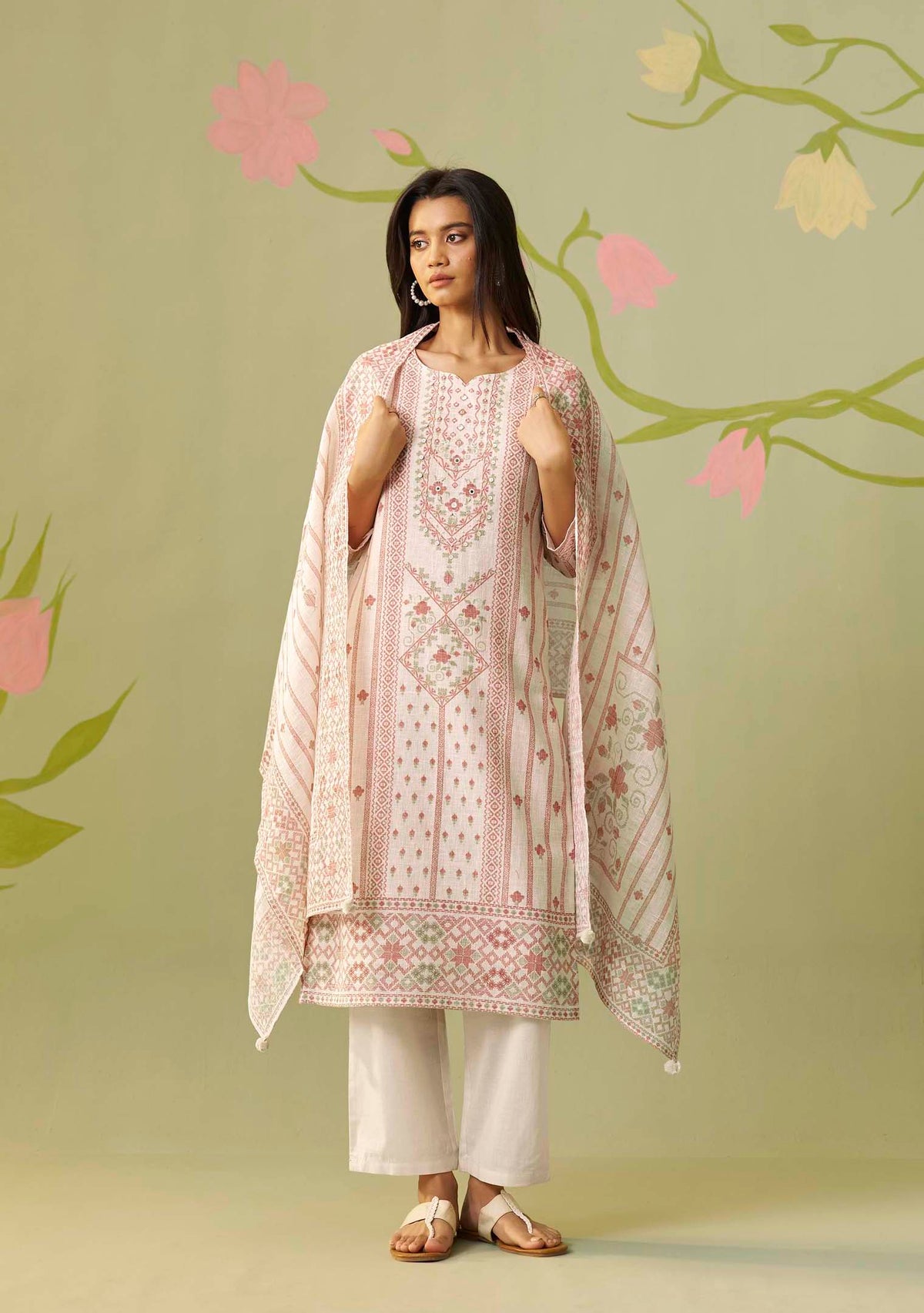 Cream Noor Poly Linen Kurti Set with Handwork