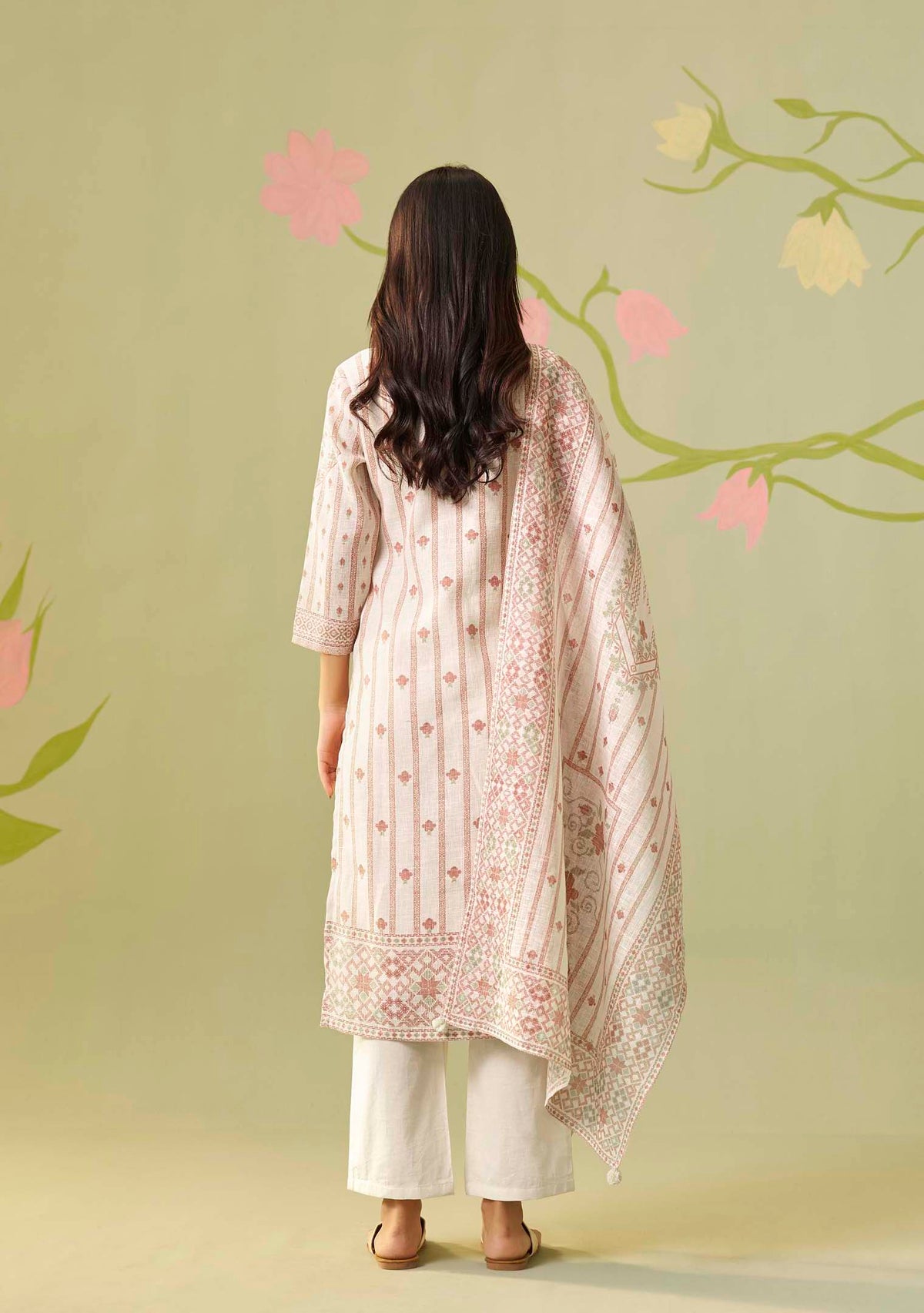 Cream Noor Poly Linen Kurti Set with Handwork