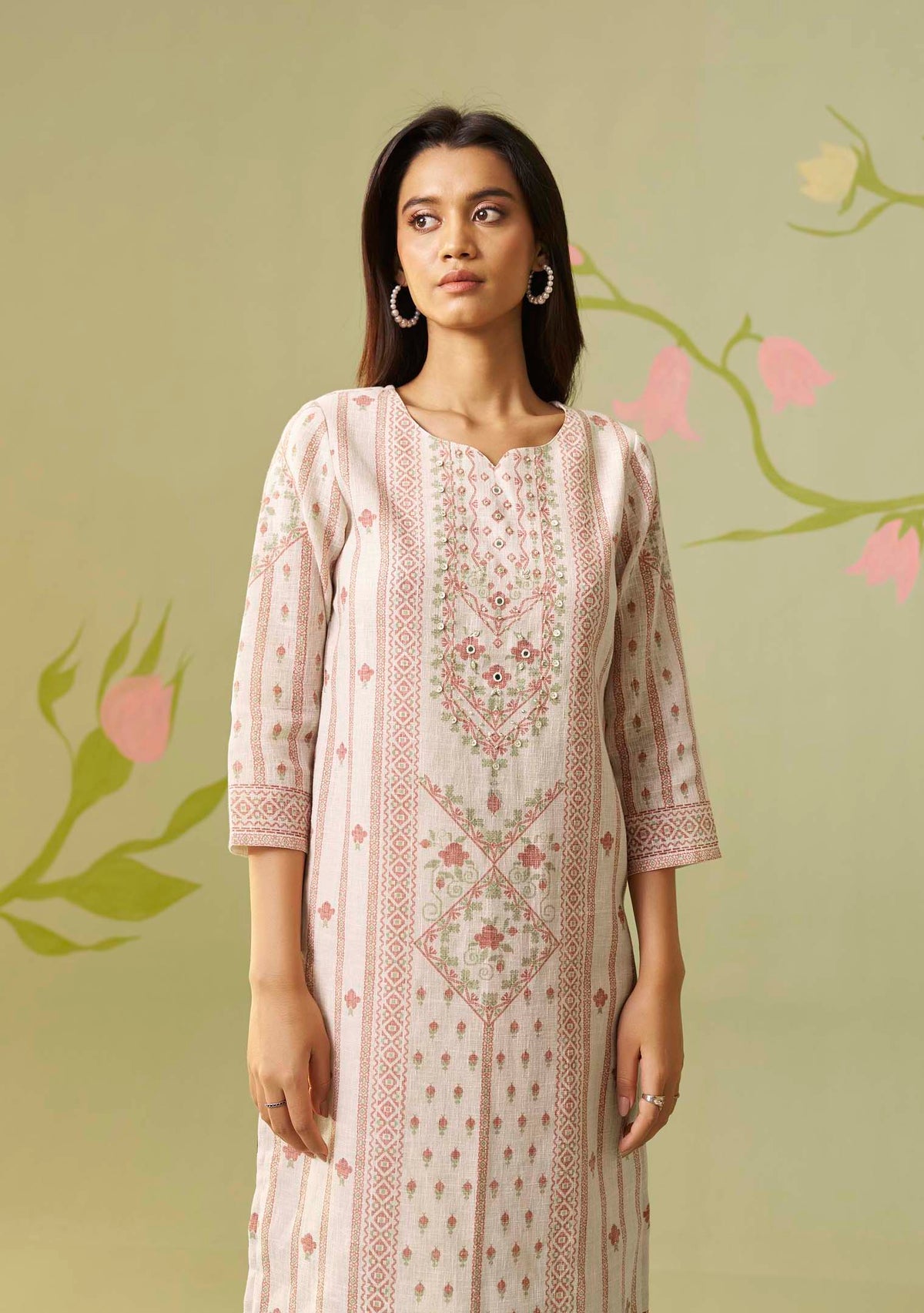 Cream Noor Poly Linen Kurti Set with Handwork