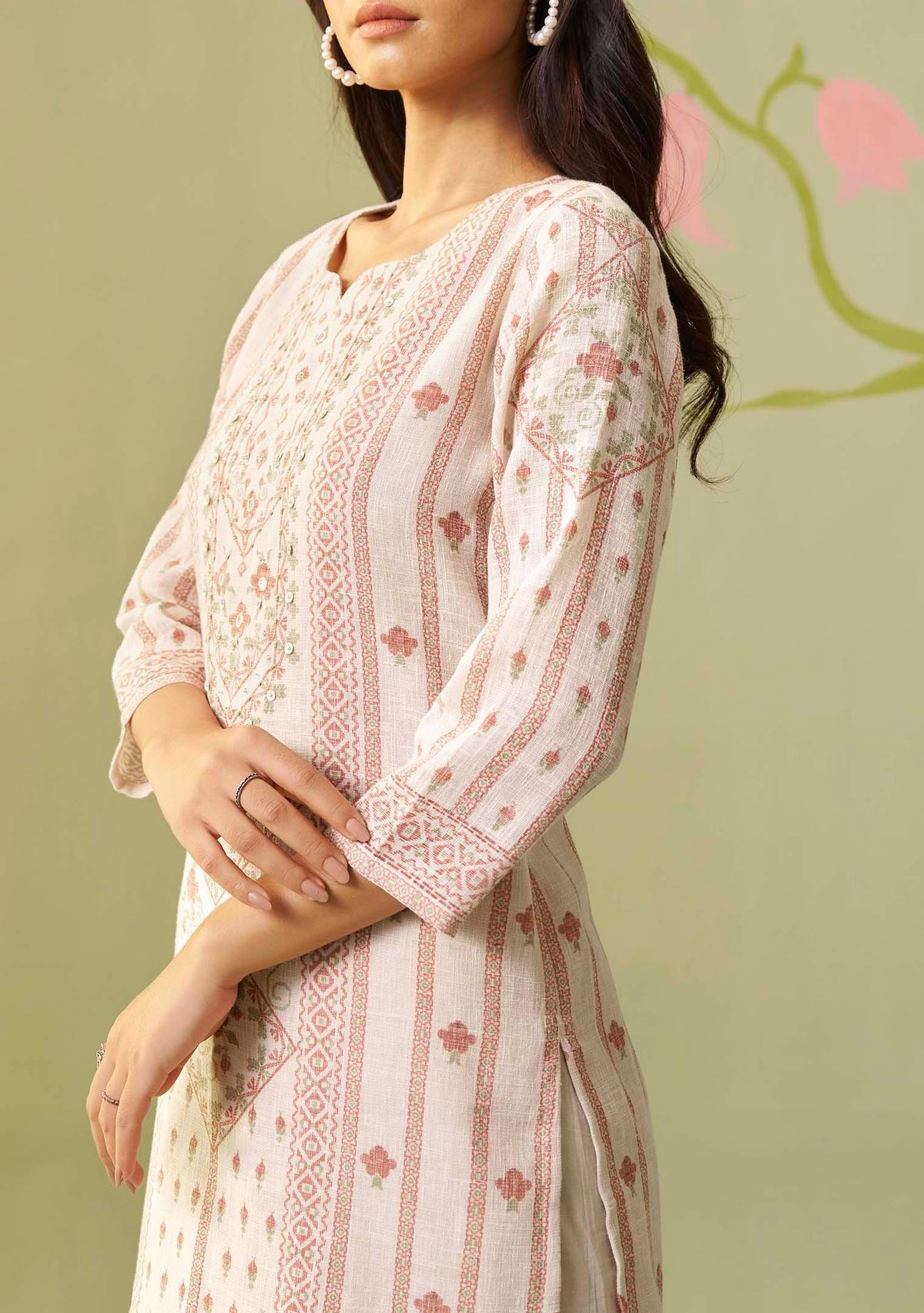 Cream Noor Poly Linen Kurti Set with Handwork