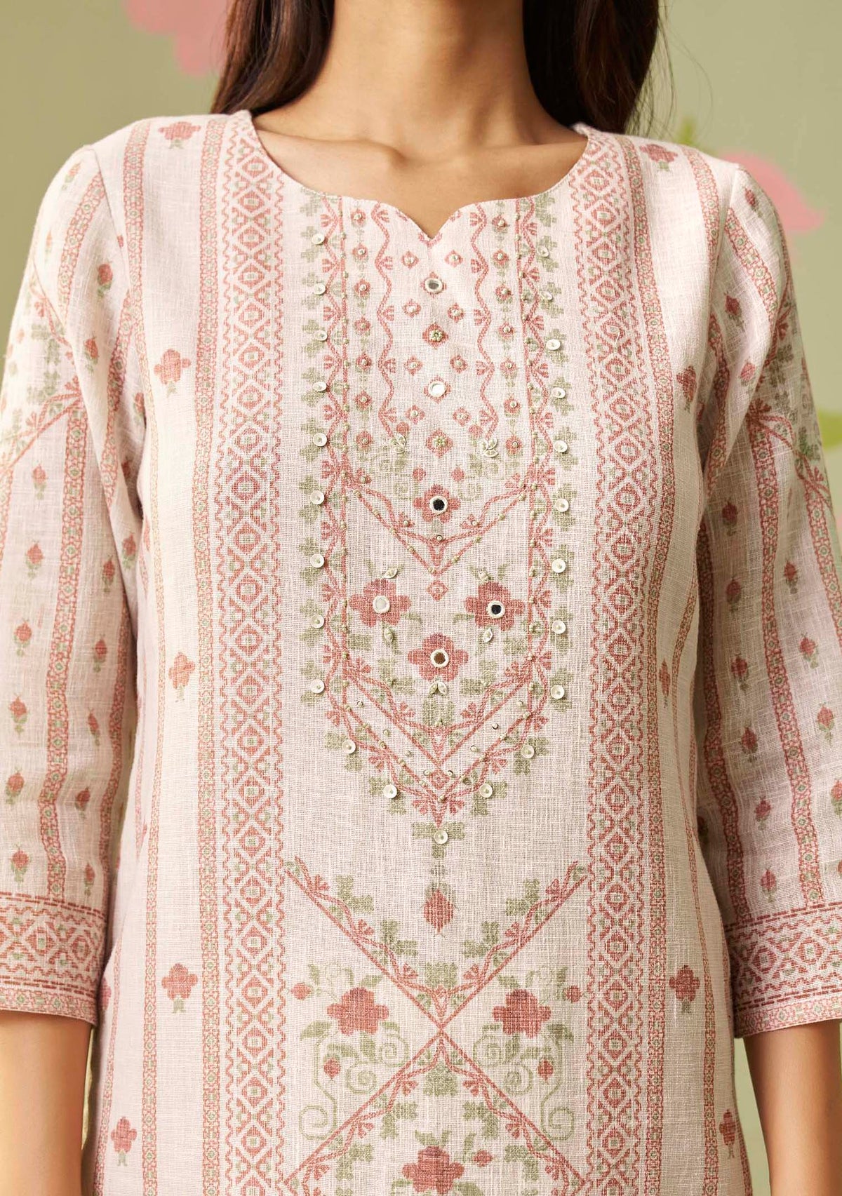 Cream Noor Poly Linen Kurti Set with Handwork