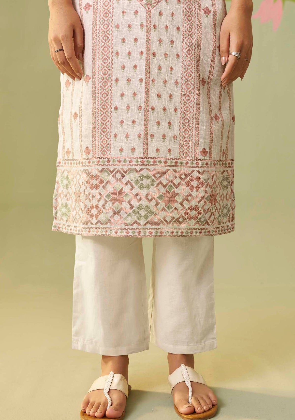 Cream Noor Poly Linen Kurti Set with Handwork