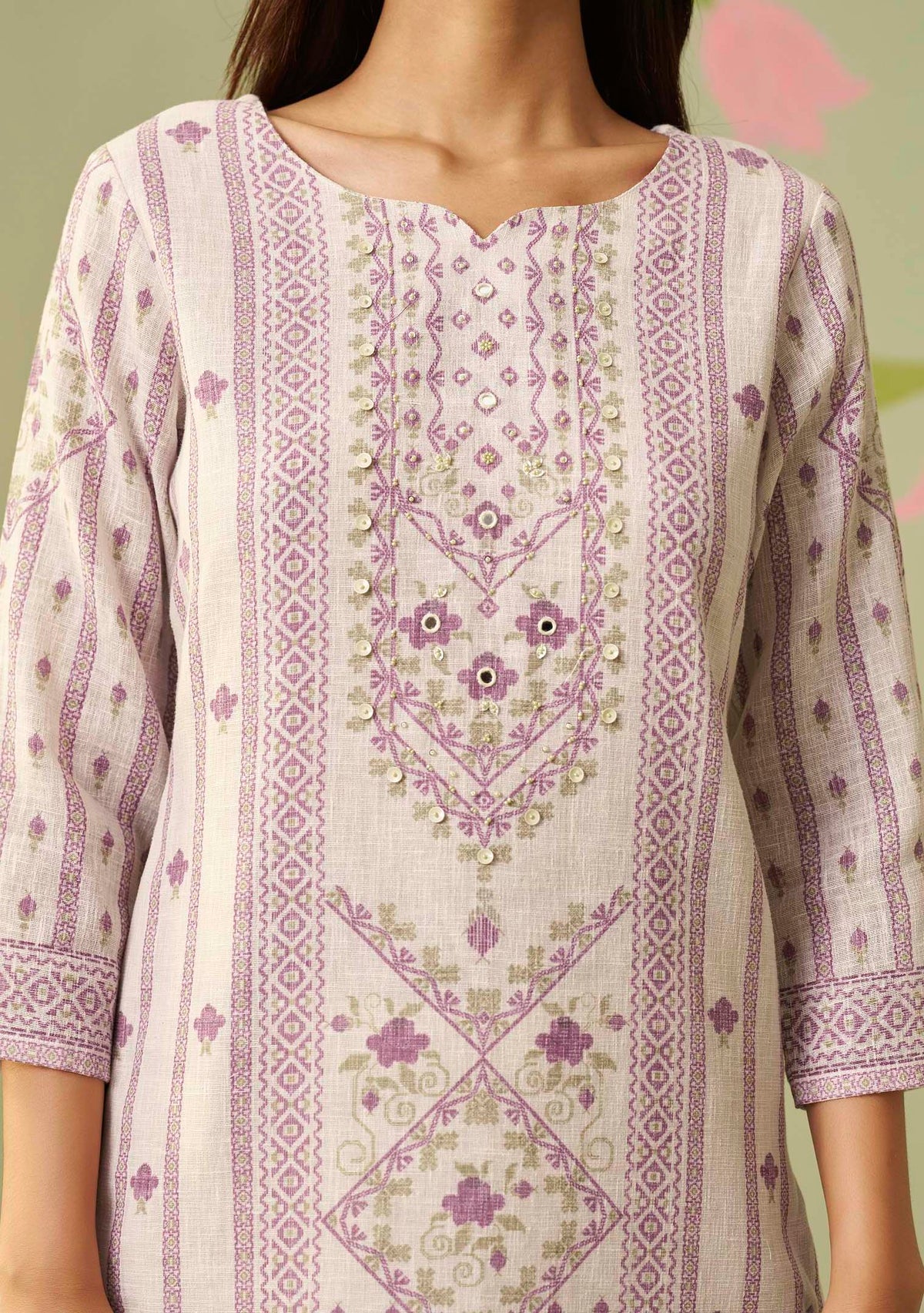 Cream Meher Digital Print Kurta Set with Handwork