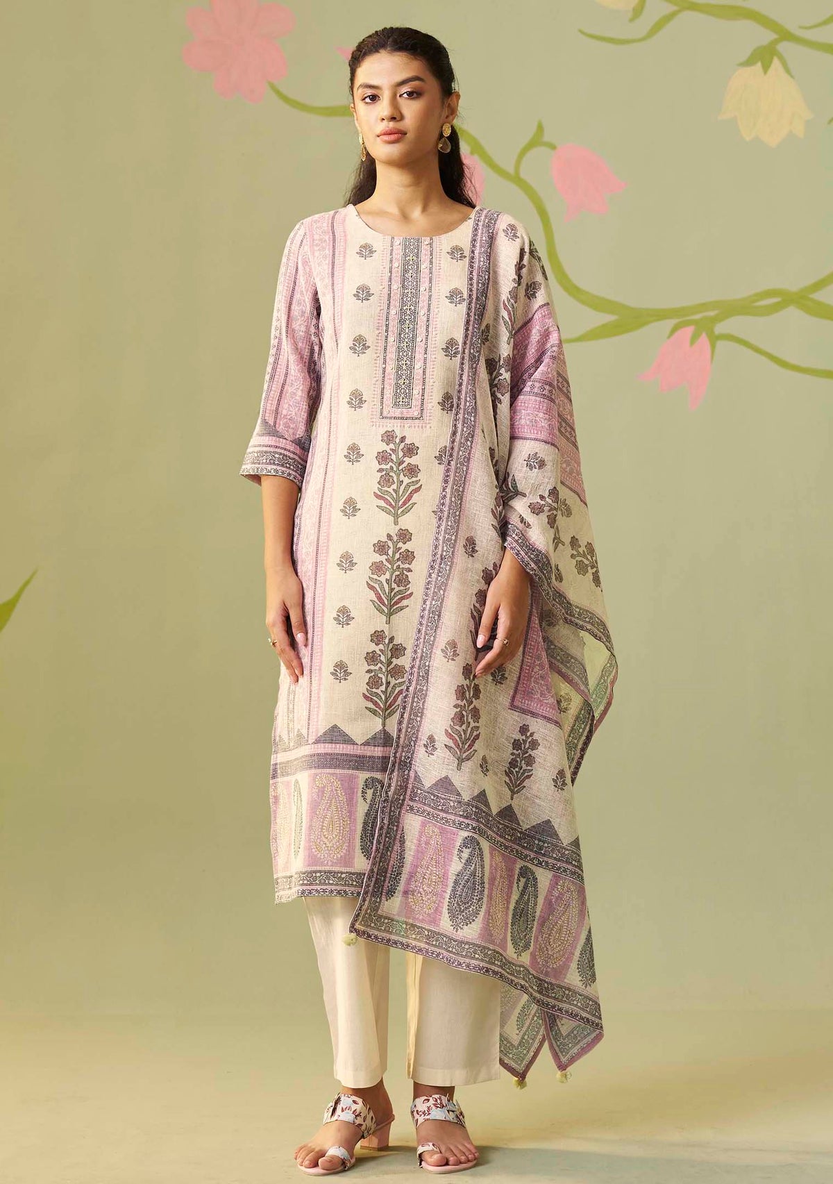 Cream Poly Linen Digital Print Kurta Handwork
