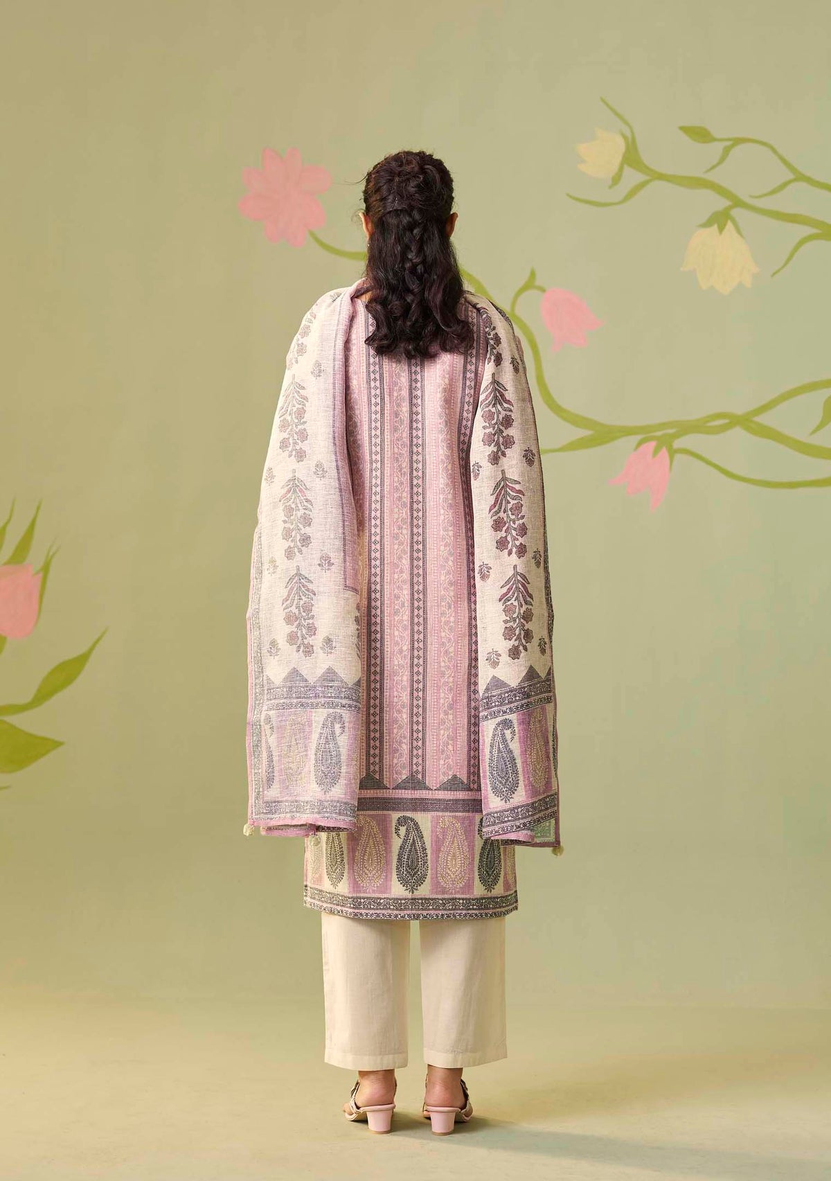 Cream Poly Linen Digital Print Kurta Handwork