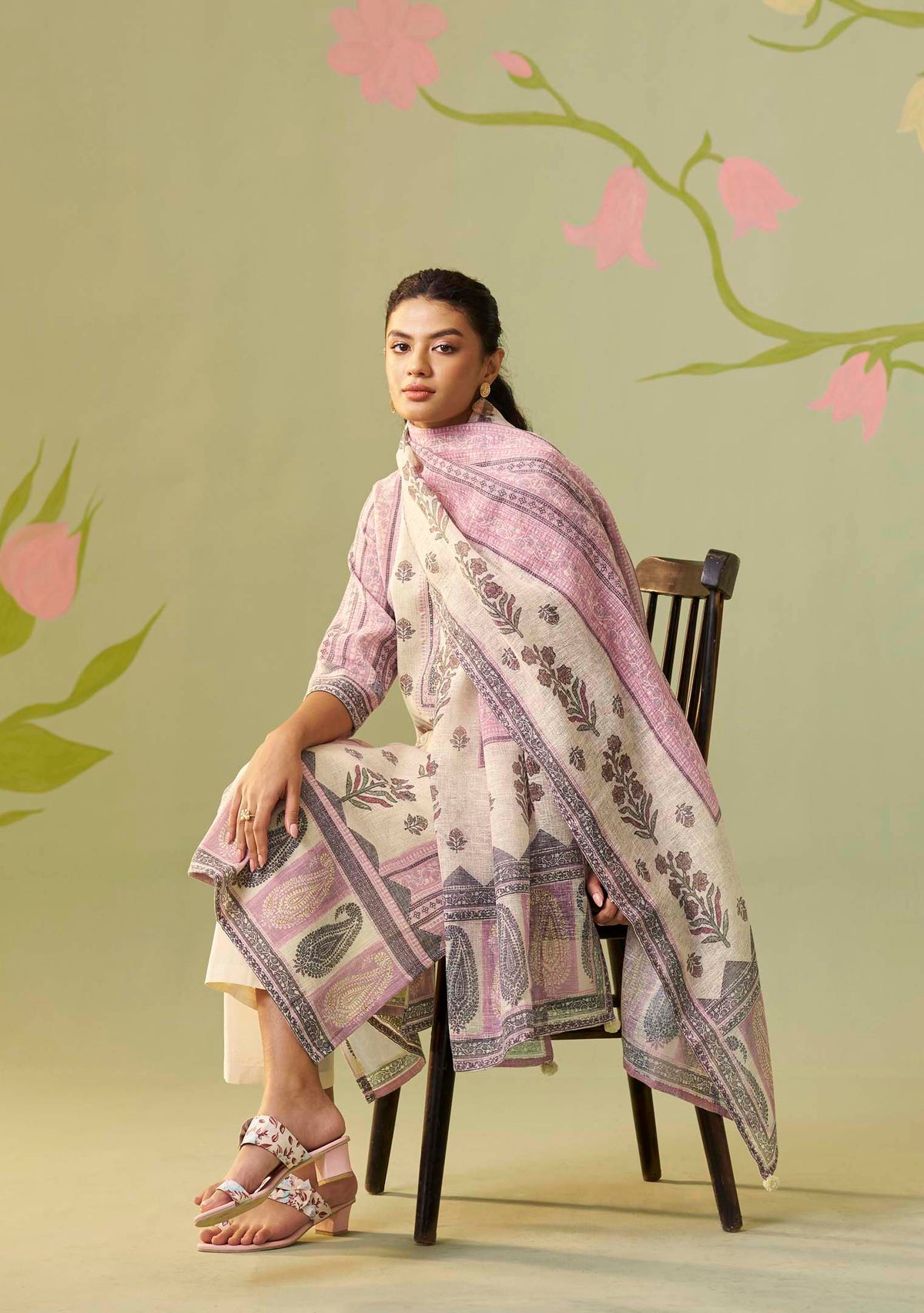 Cream Poly Linen Digital Print Kurta Handwork