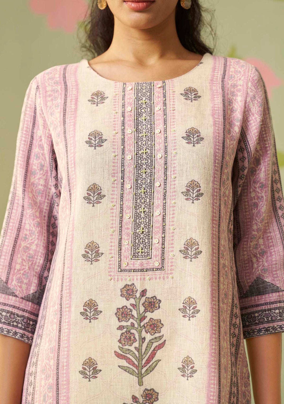 Cream Poly Linen Digital Print Kurta Handwork