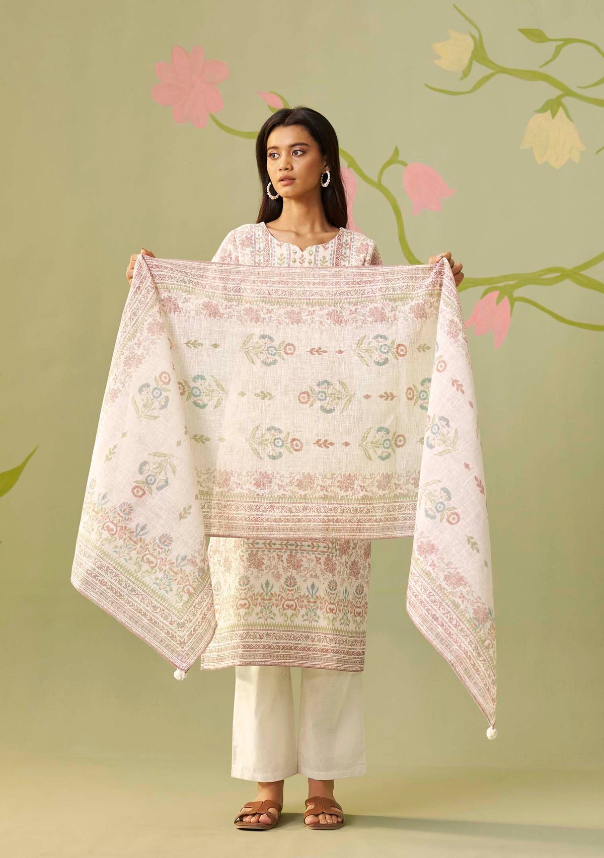 Cream Poly Linen Digital Print Kurta with Handwork