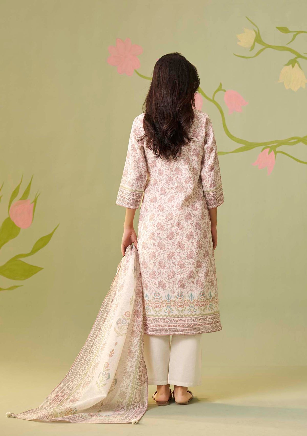 Cream Poly Linen Digital Print Kurta with Handwork