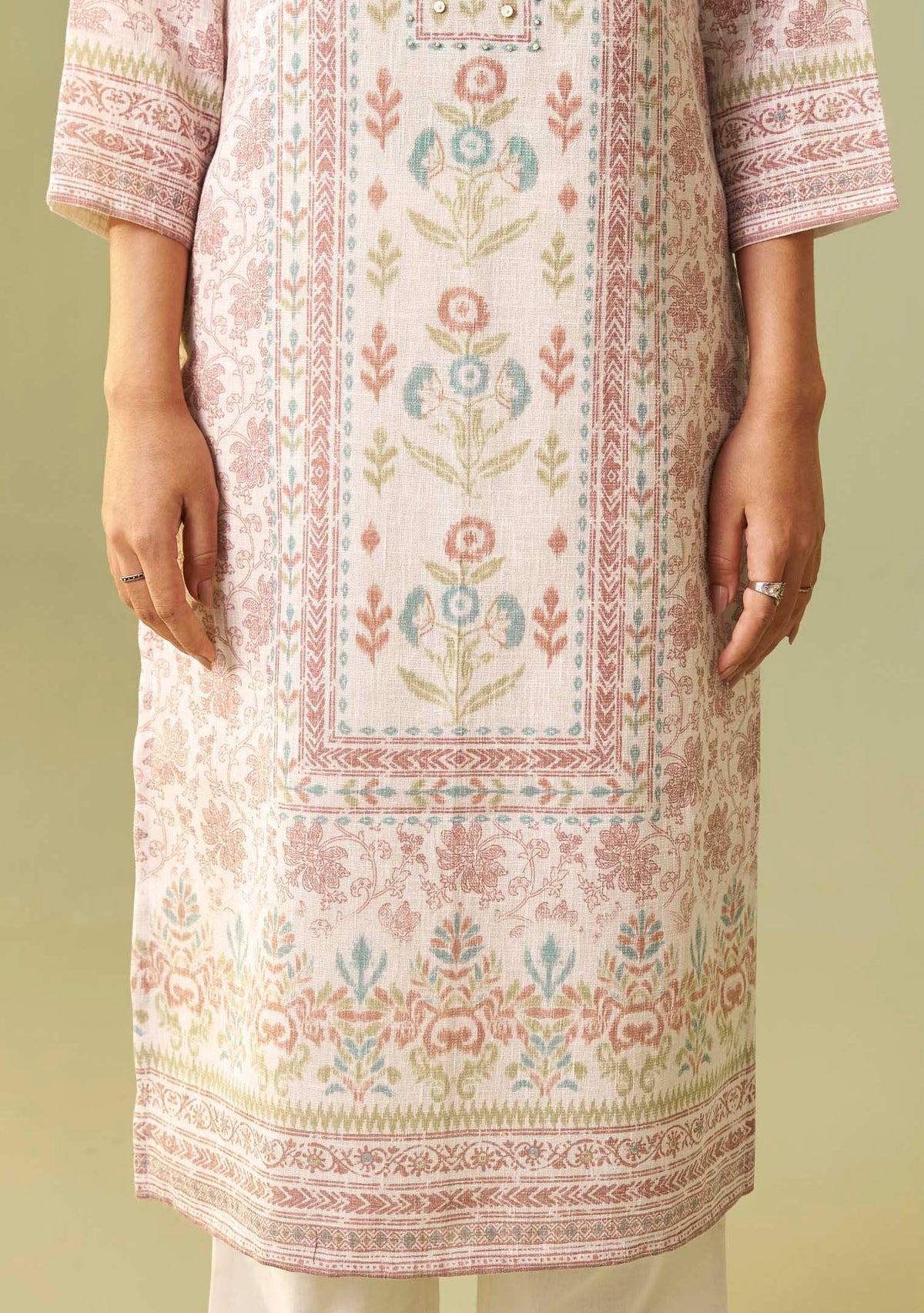Cream Poly Linen Digital Print Kurta with Handwork