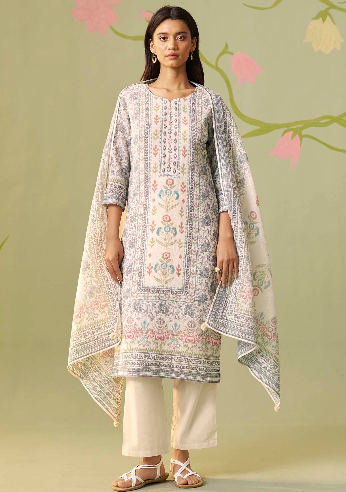 Cream Poly Linen Digital Print Kurta Set with Handwork