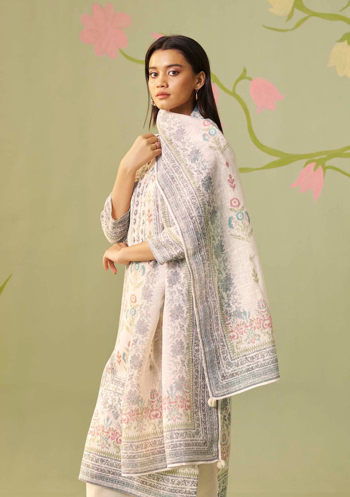 Cream Poly Linen Digital Print Kurta Set with Handwork