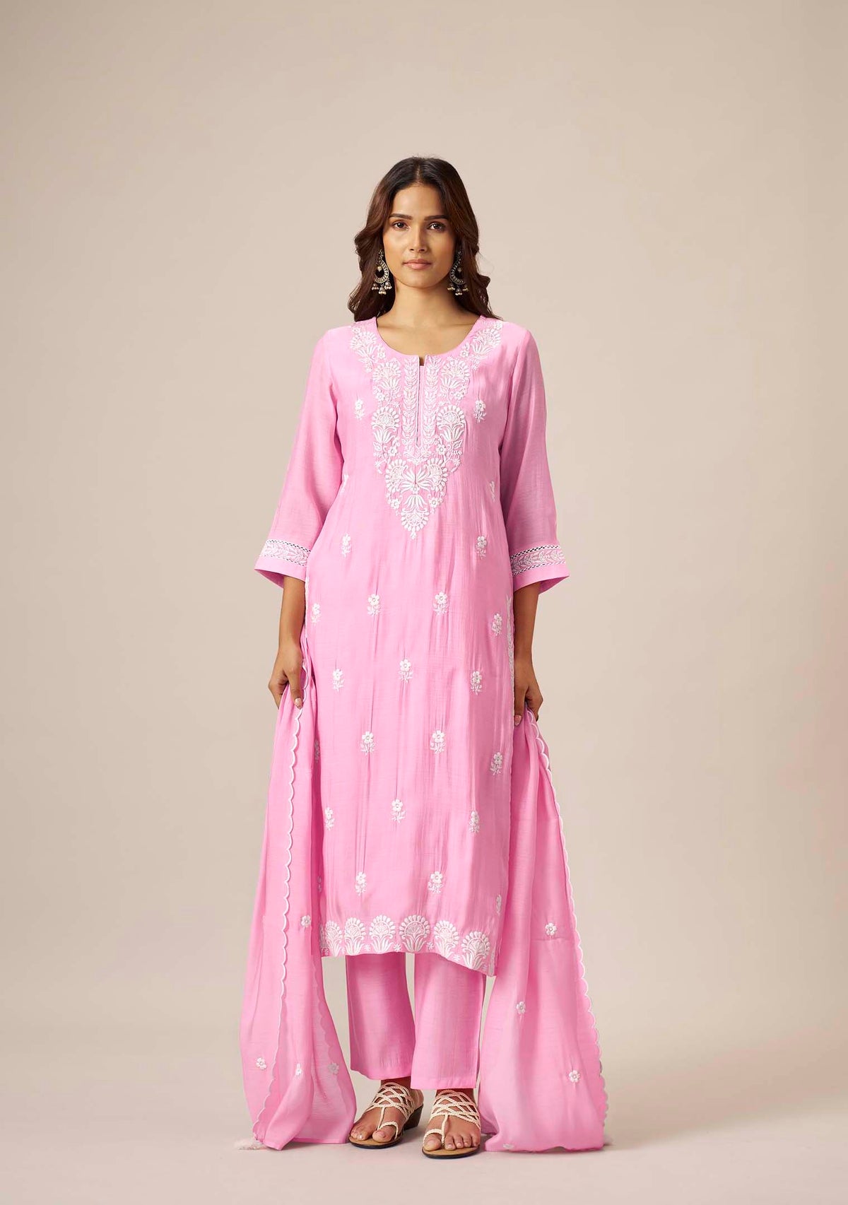 Baby Pink Chanderi Chikankari Straight Kurta Set | White Thread Embroidery | 3-Piece | Festive 2026
