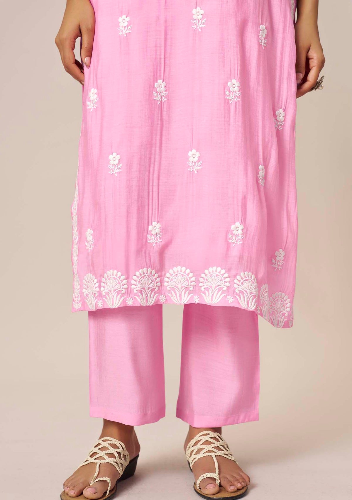 Baby Pink Chanderi Chikankari Straight Kurta Set | White Thread Embroidery | 3-Piece | Festive 2026