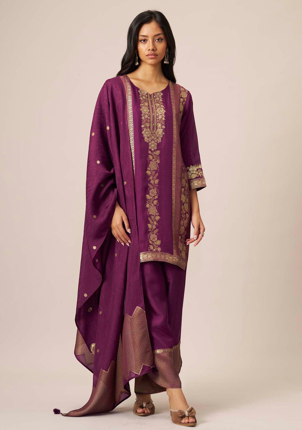 Wine Purple Dola Silk Jacquard Short Kurta with Palazzo Set | Handwork | 3-Piece | Festive 2026